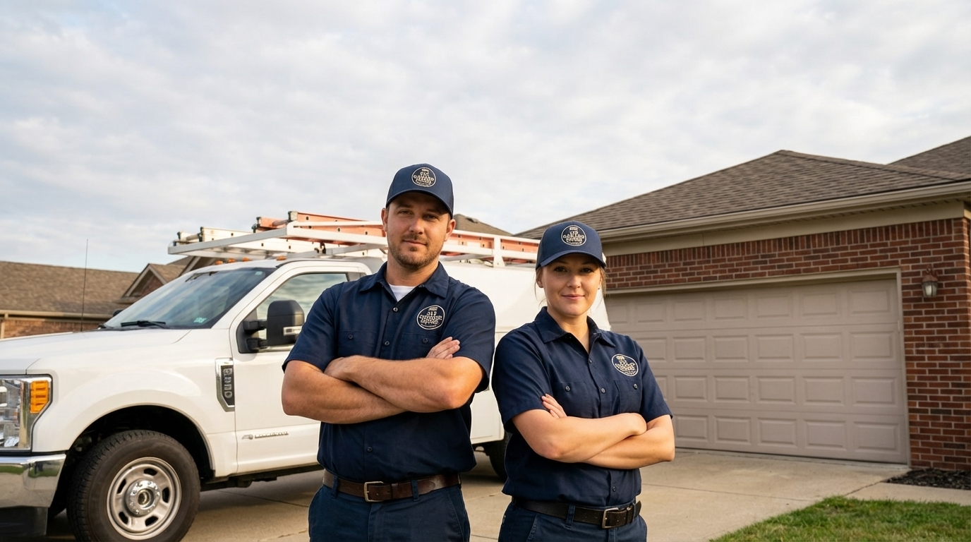 313 Garage Doors technicians standing confidently by service truck