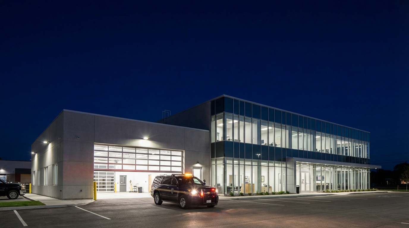 Commercial garage door stuck open at night with emergency lighting