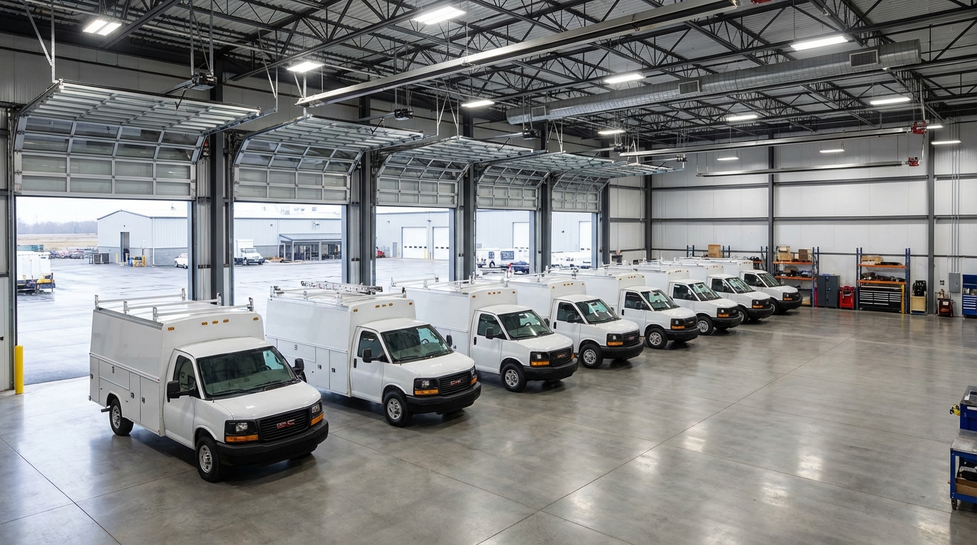 Fleet vehicles in commercial garage depot with multiple bay doors