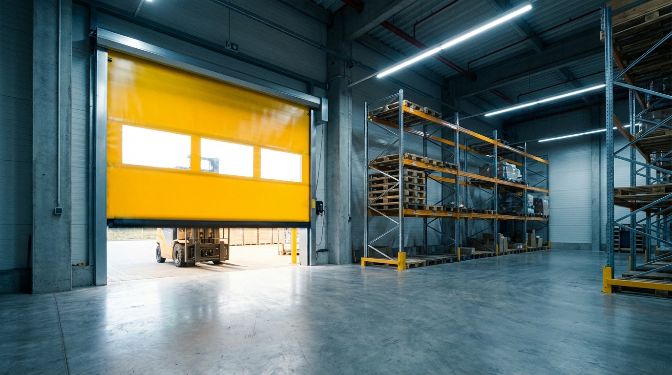 Yellow high-speed roll-up door in a modern Detroit warehouse with forklift approaching