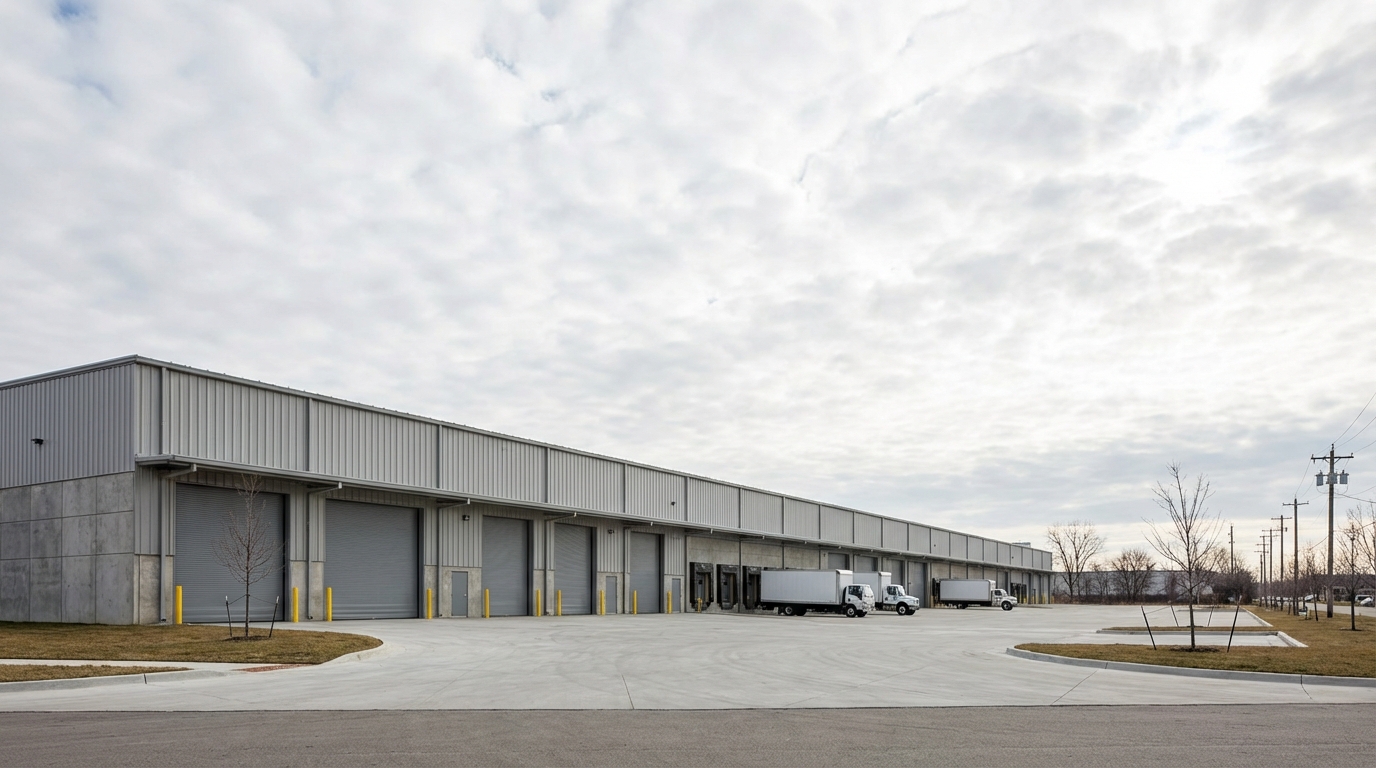 Commercial warehouse district with multiple industrial bay garage doors in Detroit