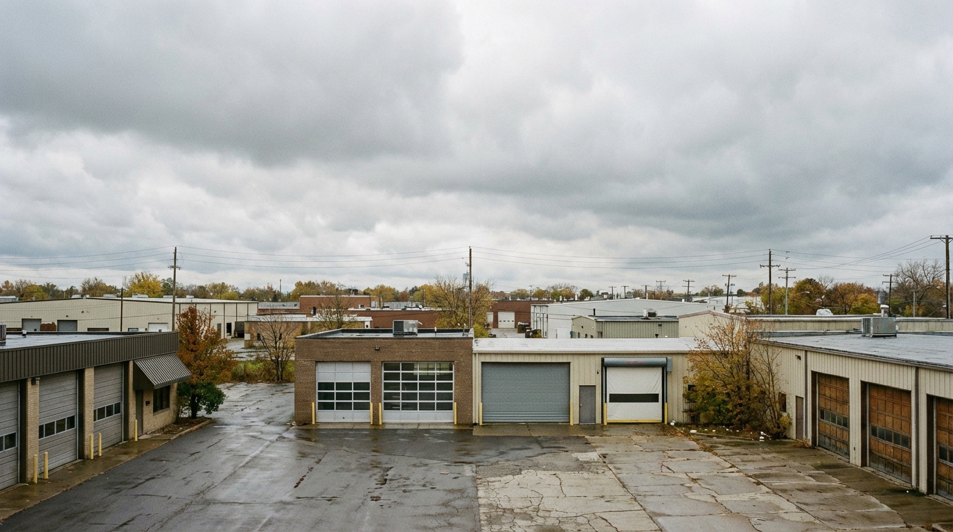 Multiple commercial buildings with various overhead garage doors