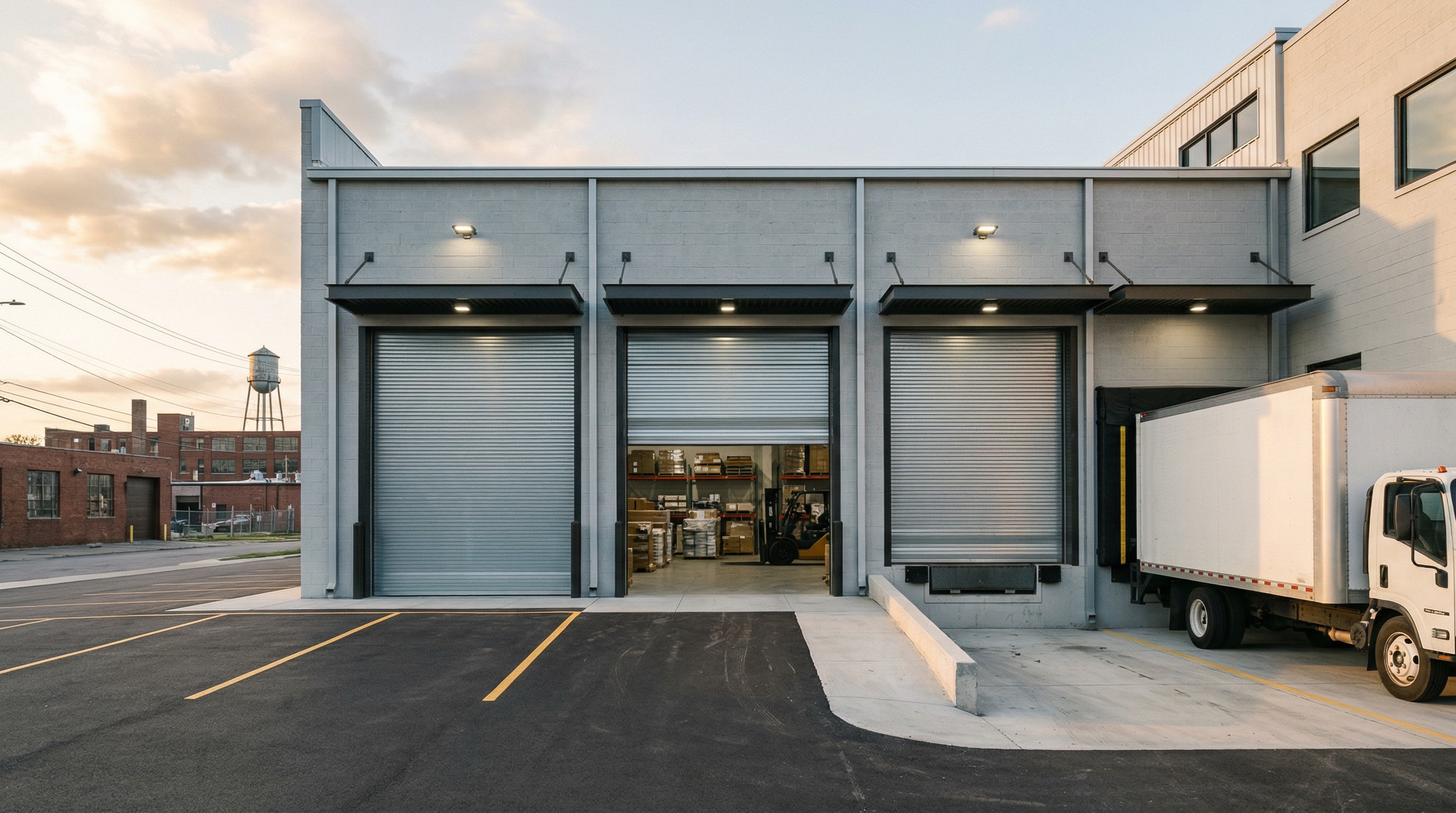 Heavy-duty steel roll-up doors on a Detroit commercial warehouse loading dock
