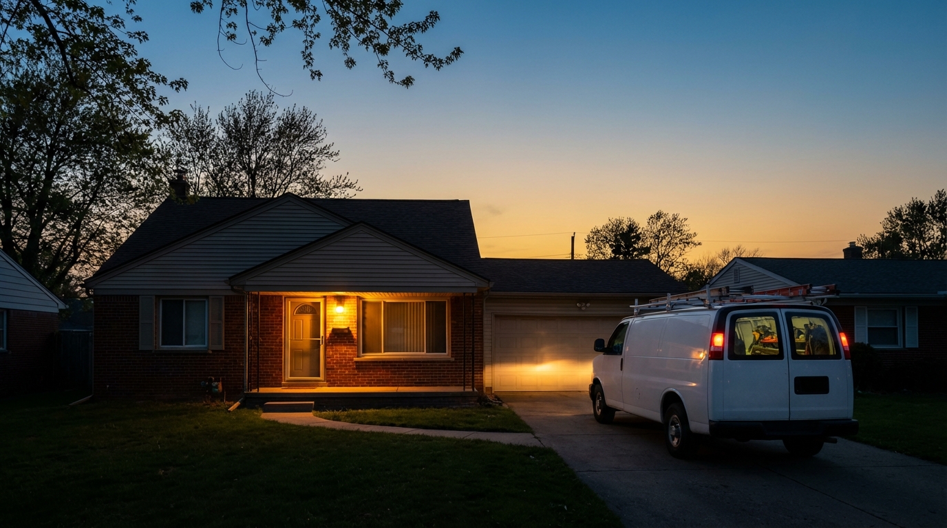 Service van arriving at Detroit home at dusk for after-hours emergency repair