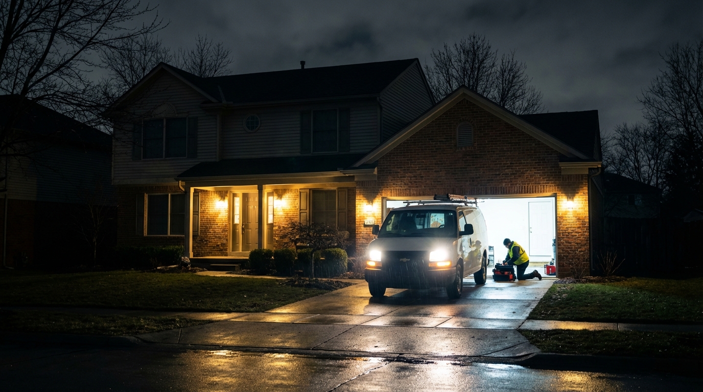 Emergency garage door repair service van arriving at a Detroit home at night