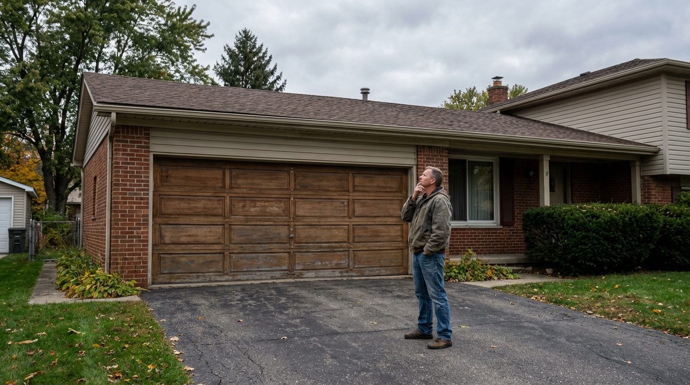 Homeowner considering garage door options at Detroit home