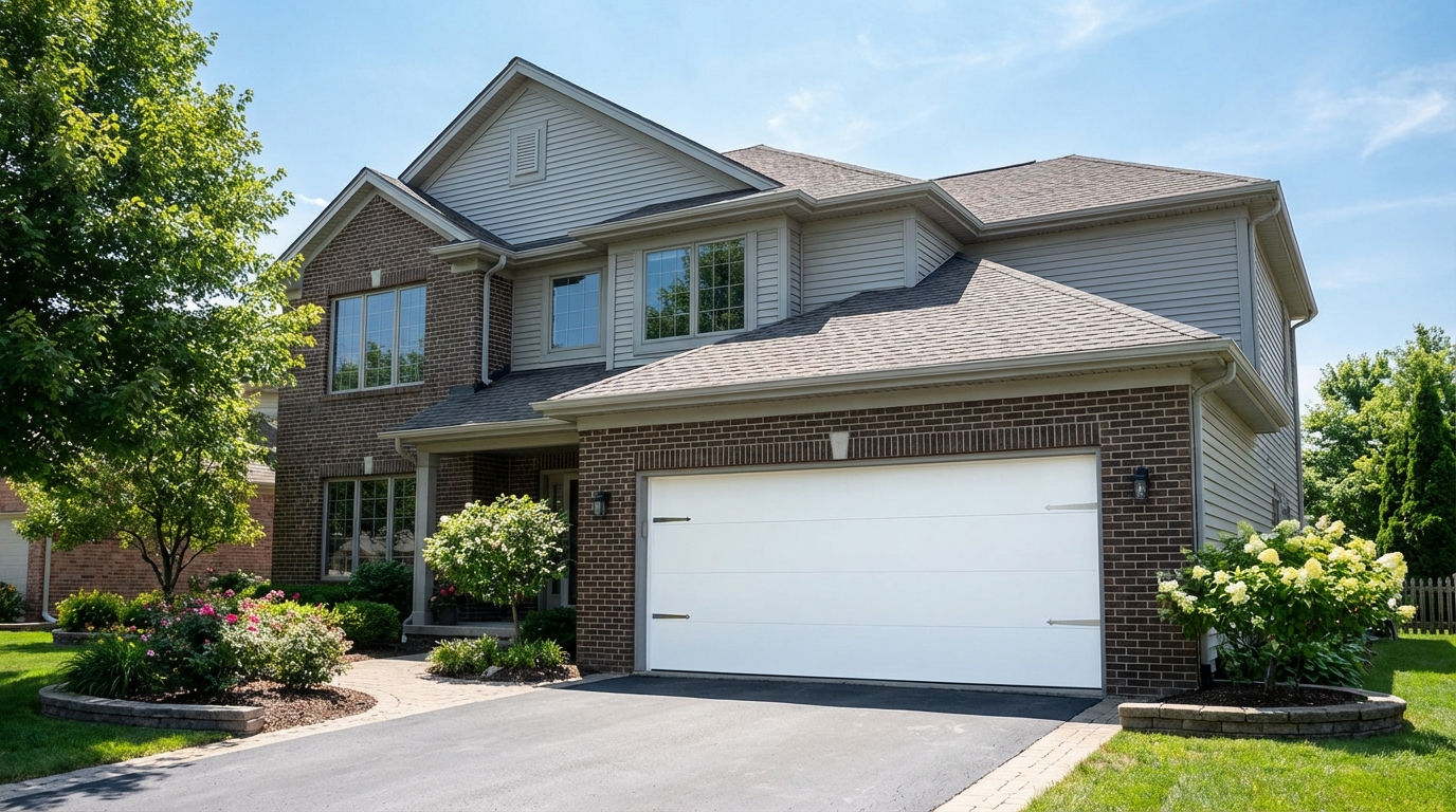 New garage door being installed on tracks at a suburban Detroit home
