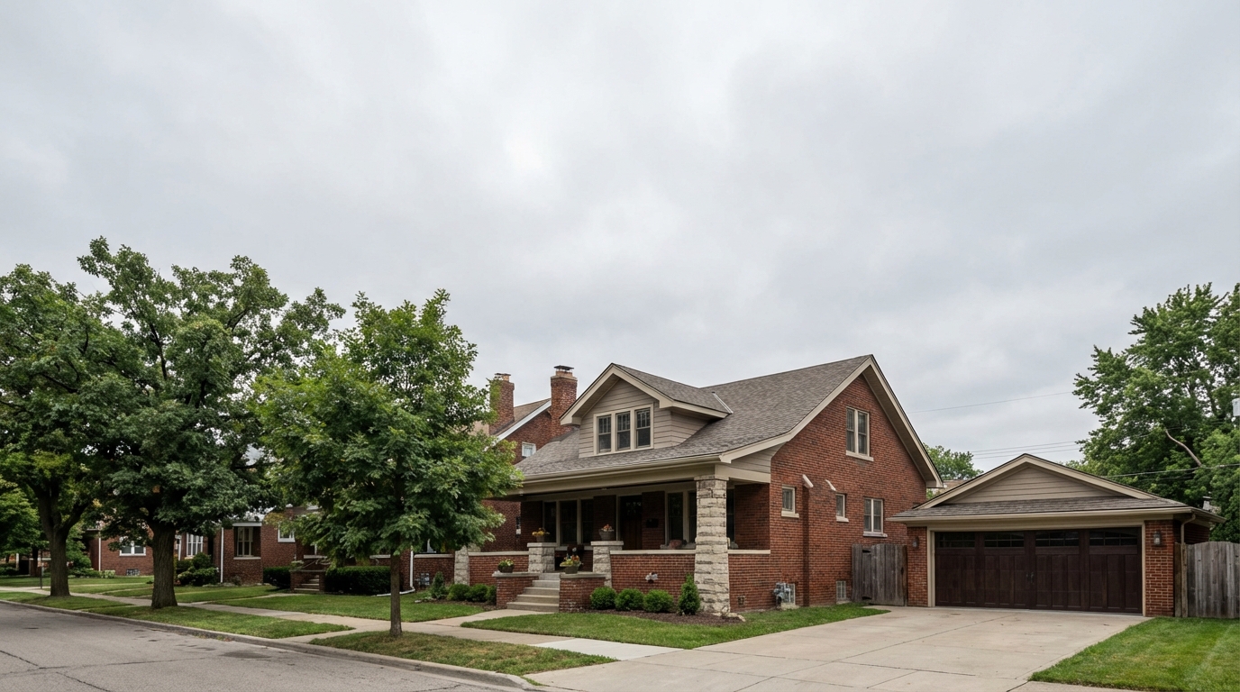 Classic Detroit brick home with two-car garage door