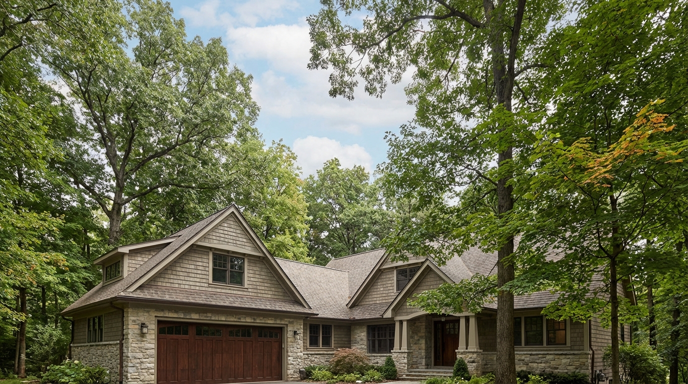 Home on wooded lot with carriage-style garage door in Farmington Hills