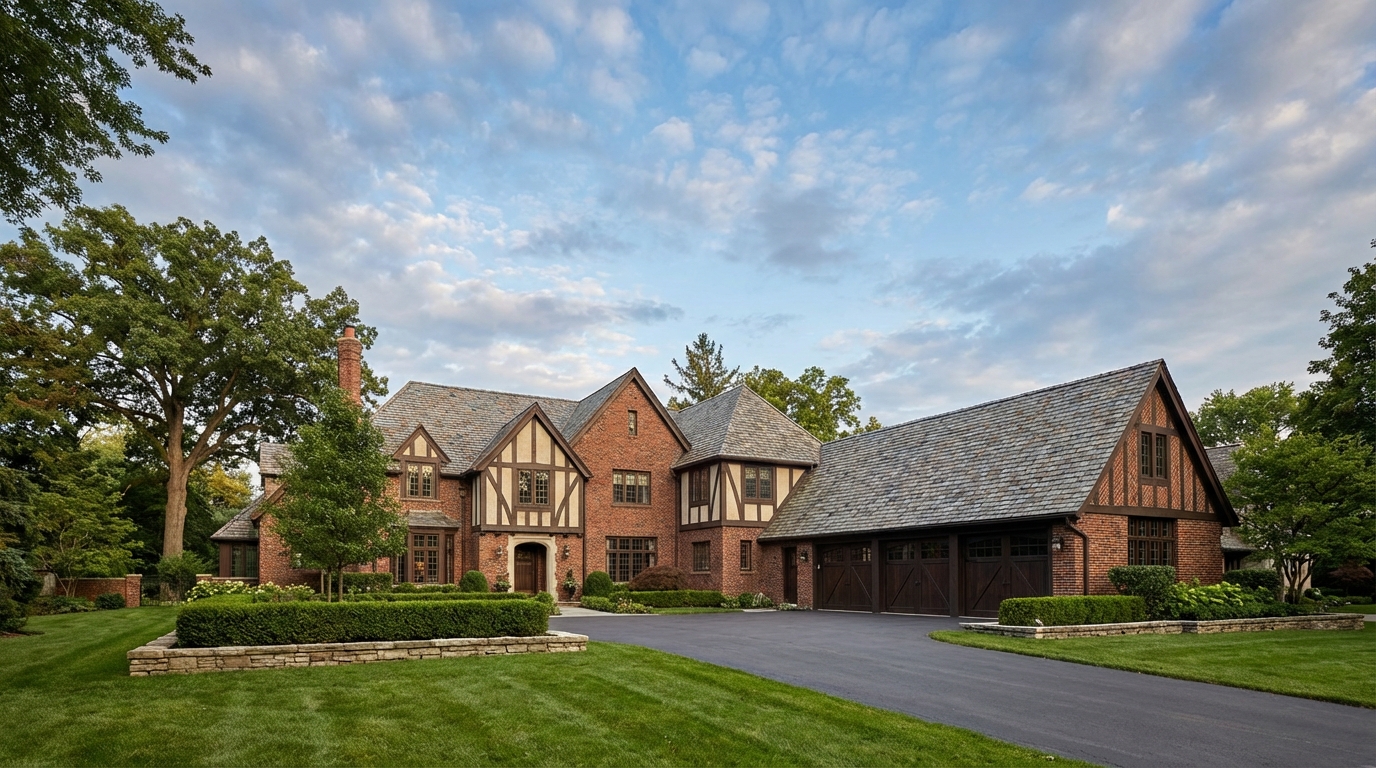 Historic luxury estate with custom wood garage doors in Grosse Pointe