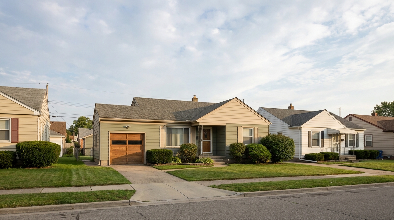 Working-class bungalow with garage door in Hazel Park Michigan