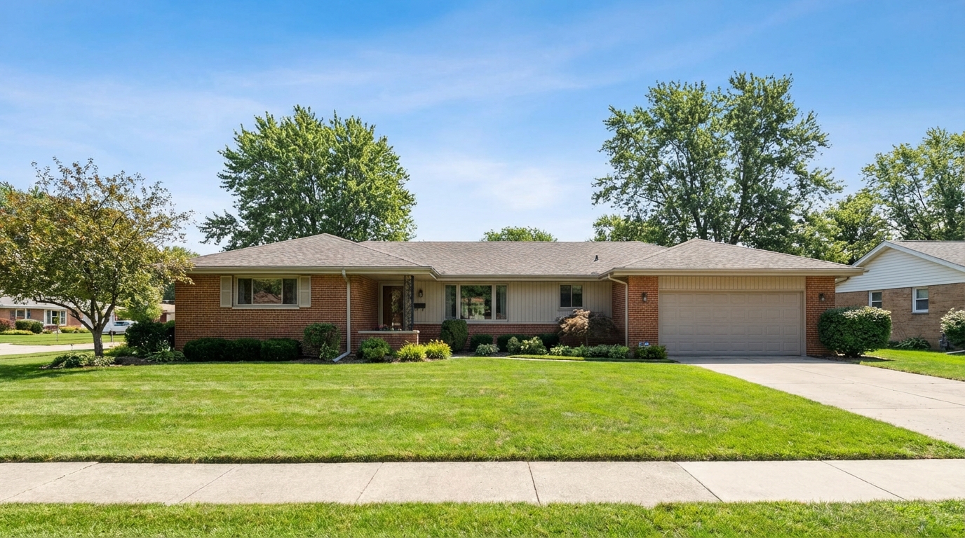 Suburban ranch home with wide two-car garage in Livonia Michigan