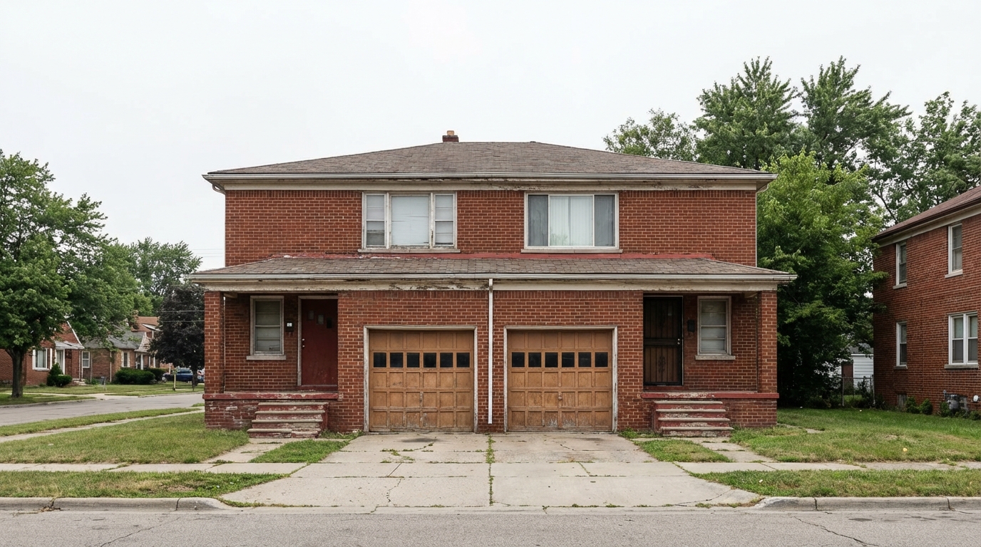 Urban brick duplex with garage doors in Pontiac Michigan