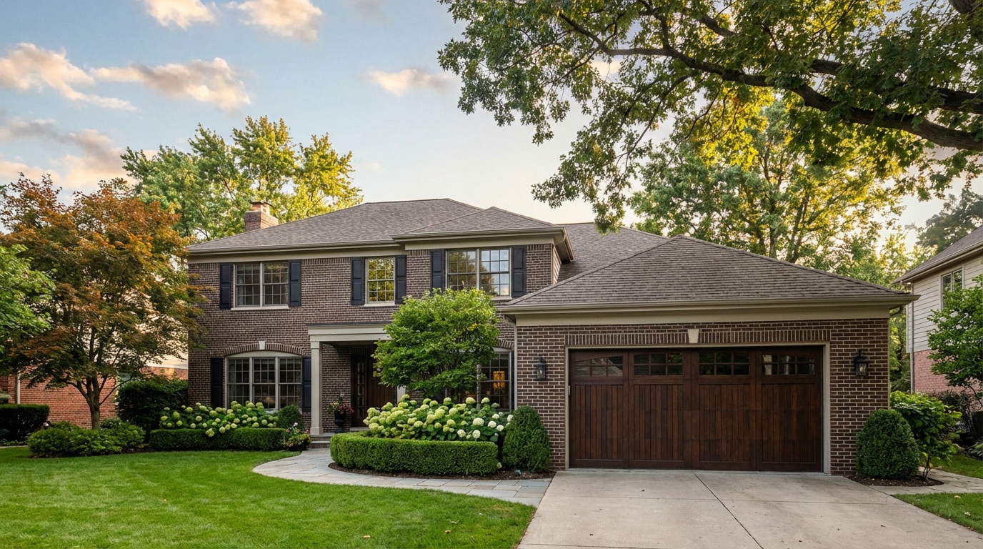 Upscale colonial home with premium garage door in Troy Michigan