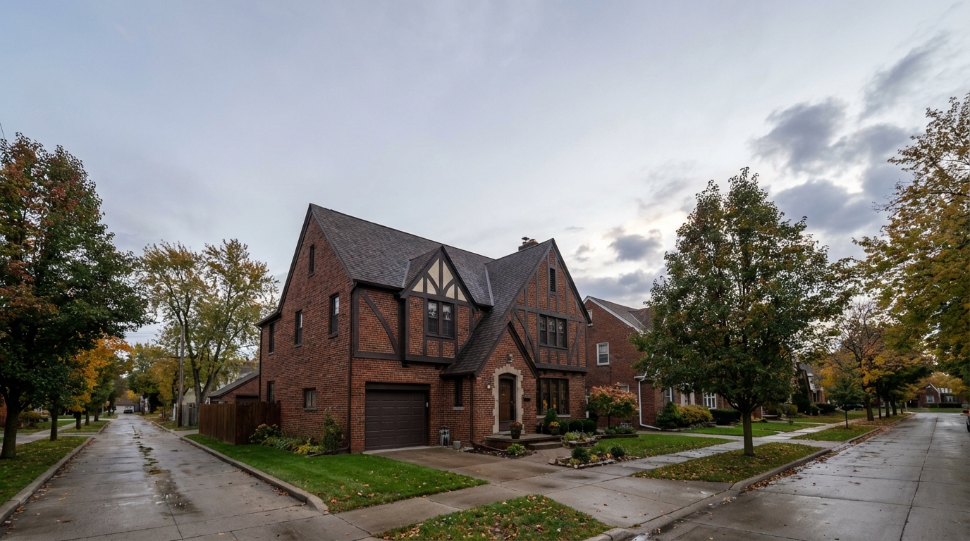 Brick Tudor home with garage door in Wyandotte Michigan