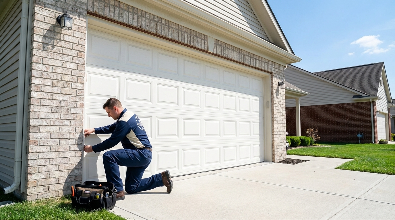 Close-up of garage door track, rollers, and spring mechanism hardware