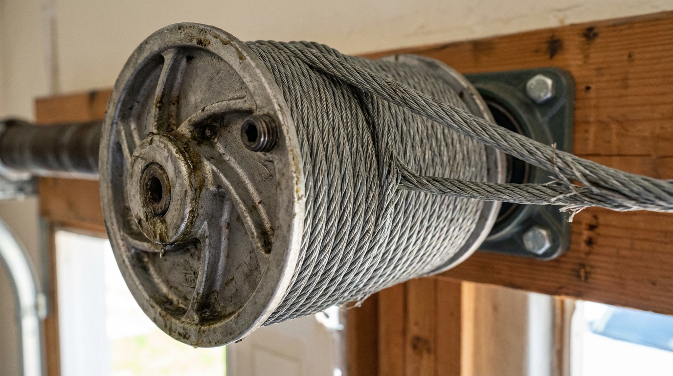 Close-up of garage door cable drum and steel cable mechanism