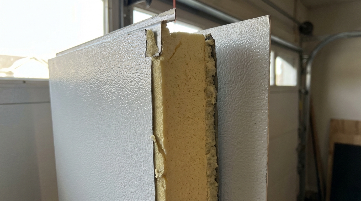 Insulated garage door panel cross-section showing polyurethane insulation