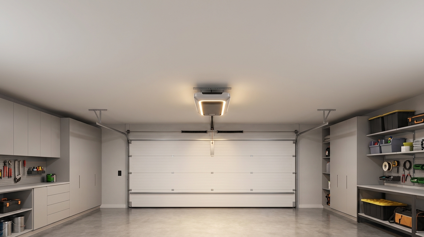 Automatic garage door opener unit with LED light and belt drive on ceiling