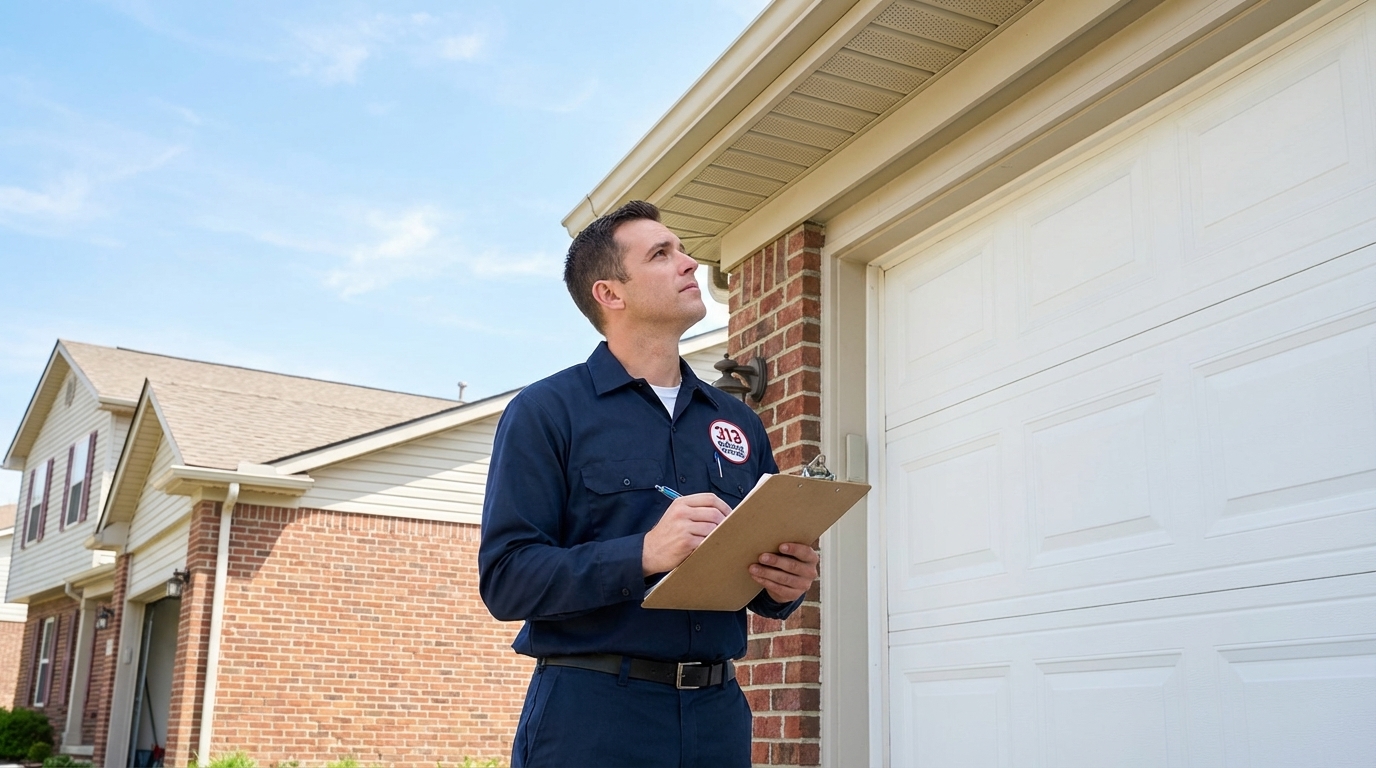 Garage door technician performing safety inspection at a Detroit home