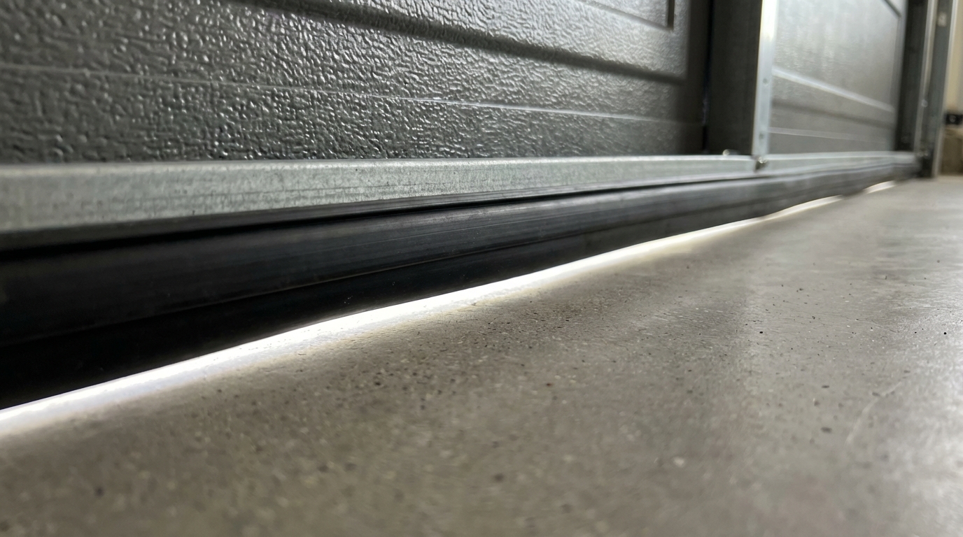 Fresh rubber weatherstripping seal at bottom of garage door