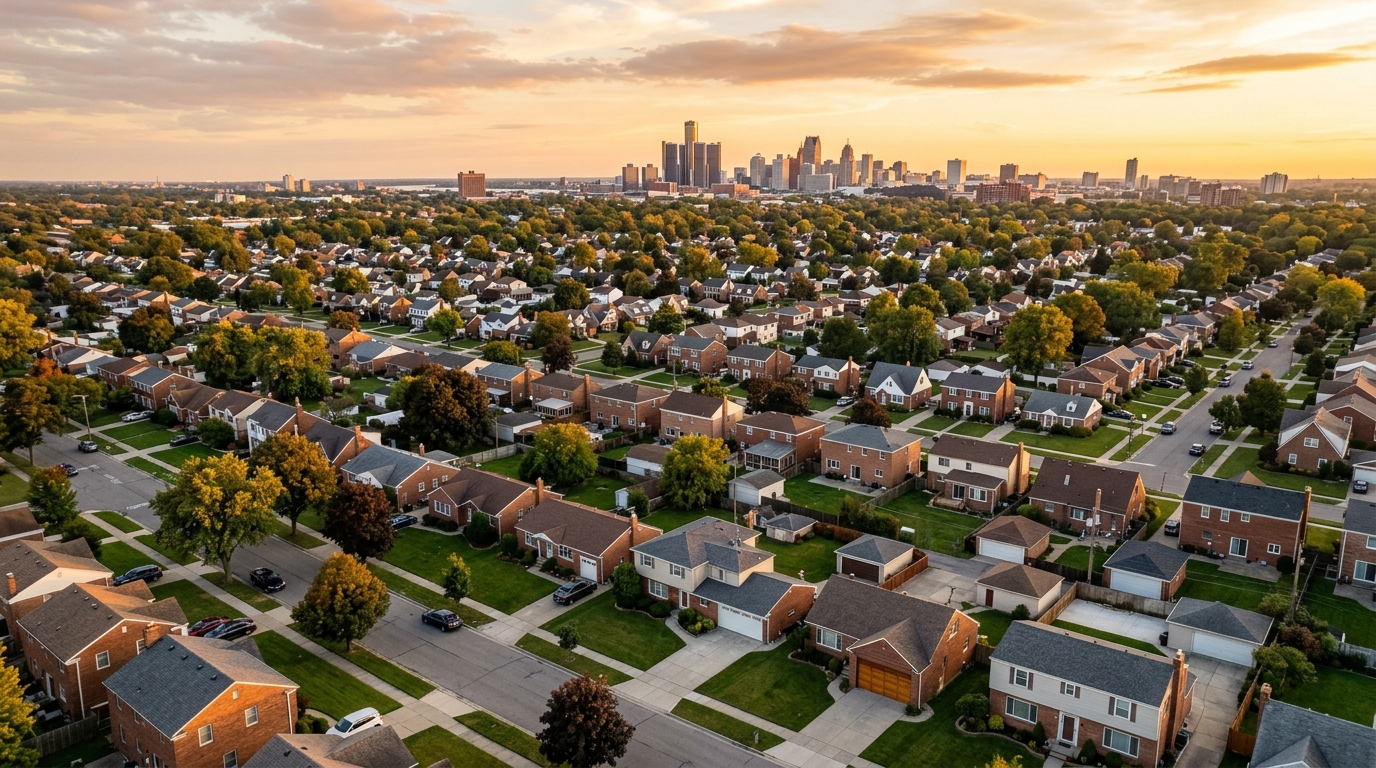 Aerial view of Metro Detroit suburban neighborhoods showing the 313 Garage Door service area