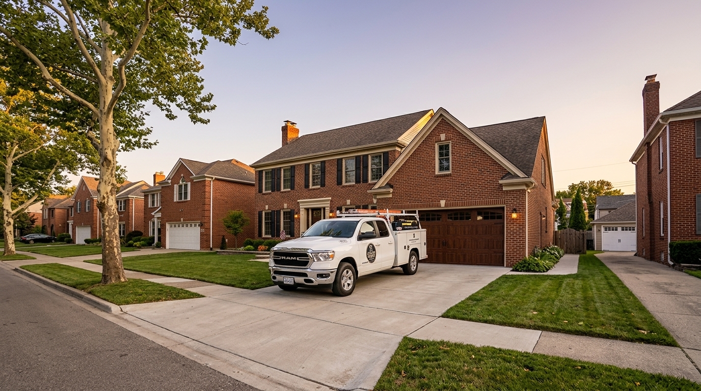313 Garage Door service truck on a Detroit residential street with beautiful garage doors
