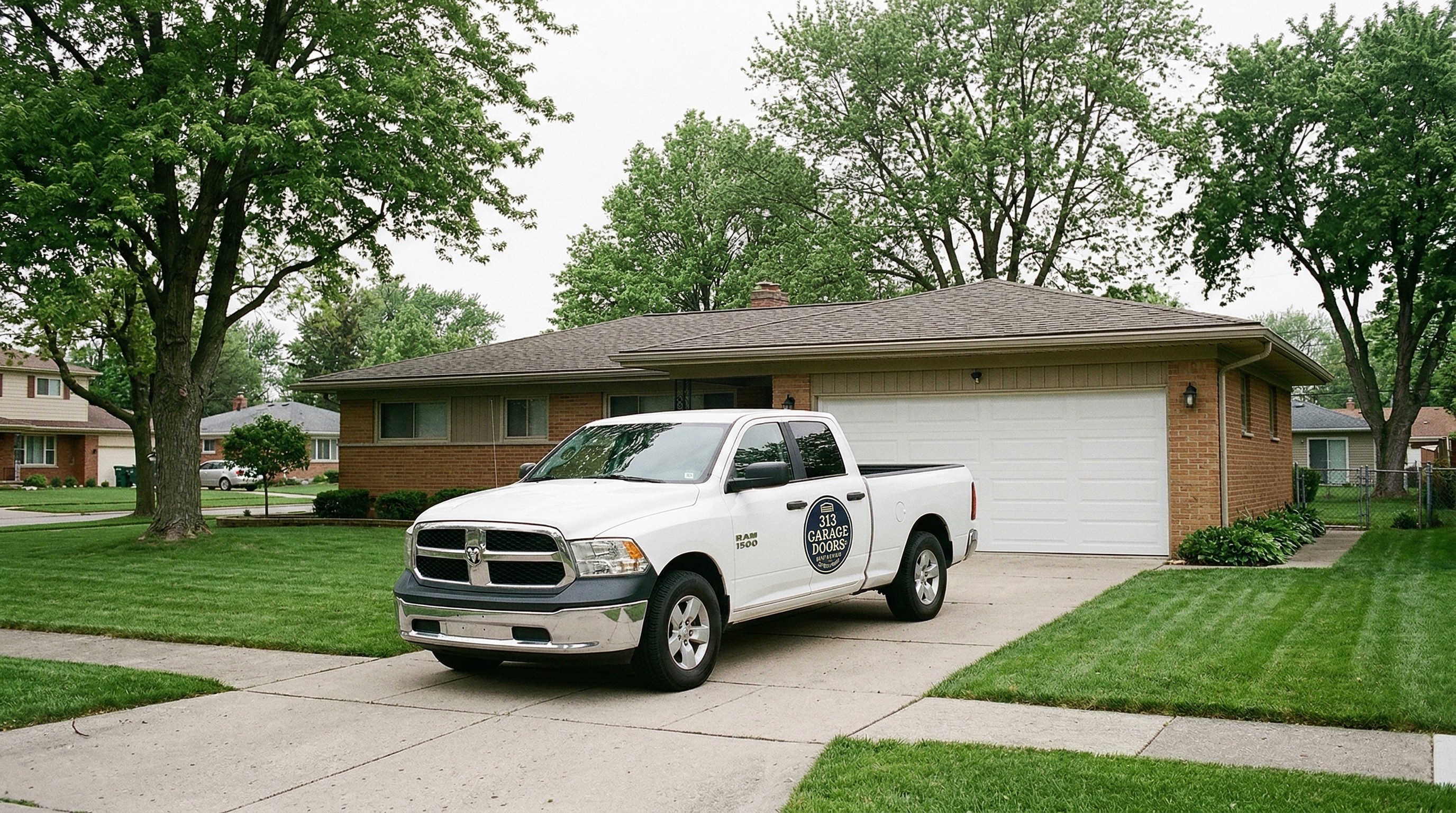 313 Garage Door service truck at a mid-century ranch home in Dearborn, Michigan