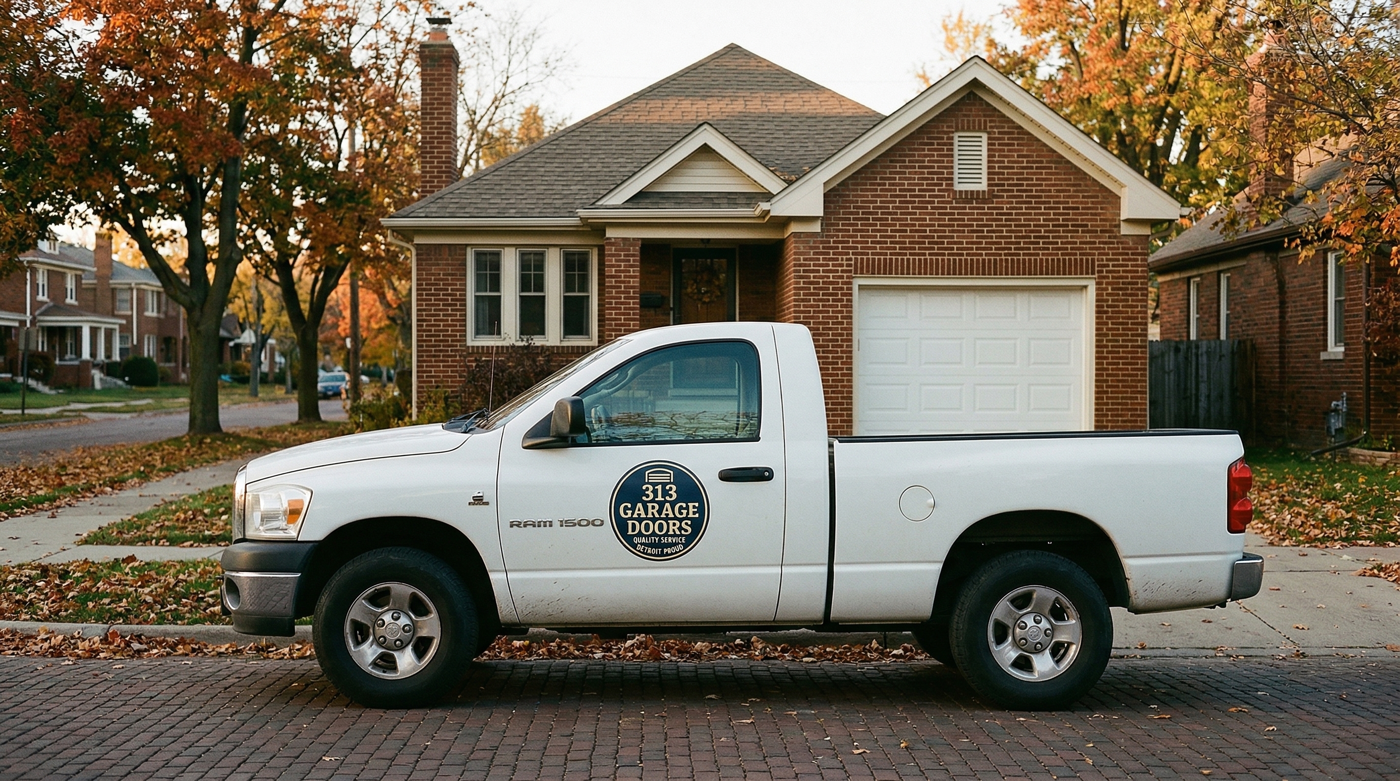 313 Garage Door service truck parked at a brick bungalow in Corktown, Detroit, Michigan