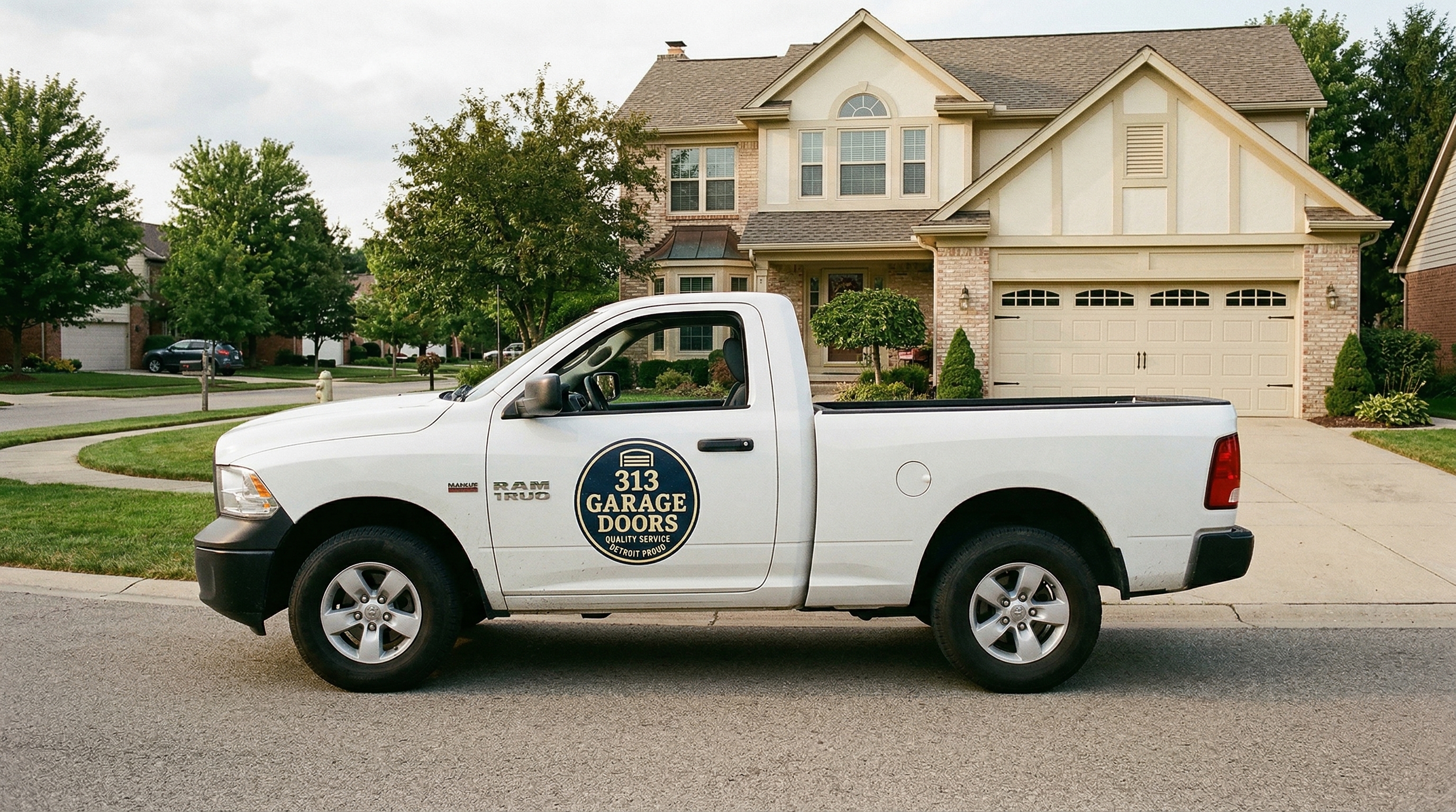 313 Garage Door service truck parked at a colonial home in Farmington Hills, Michigan