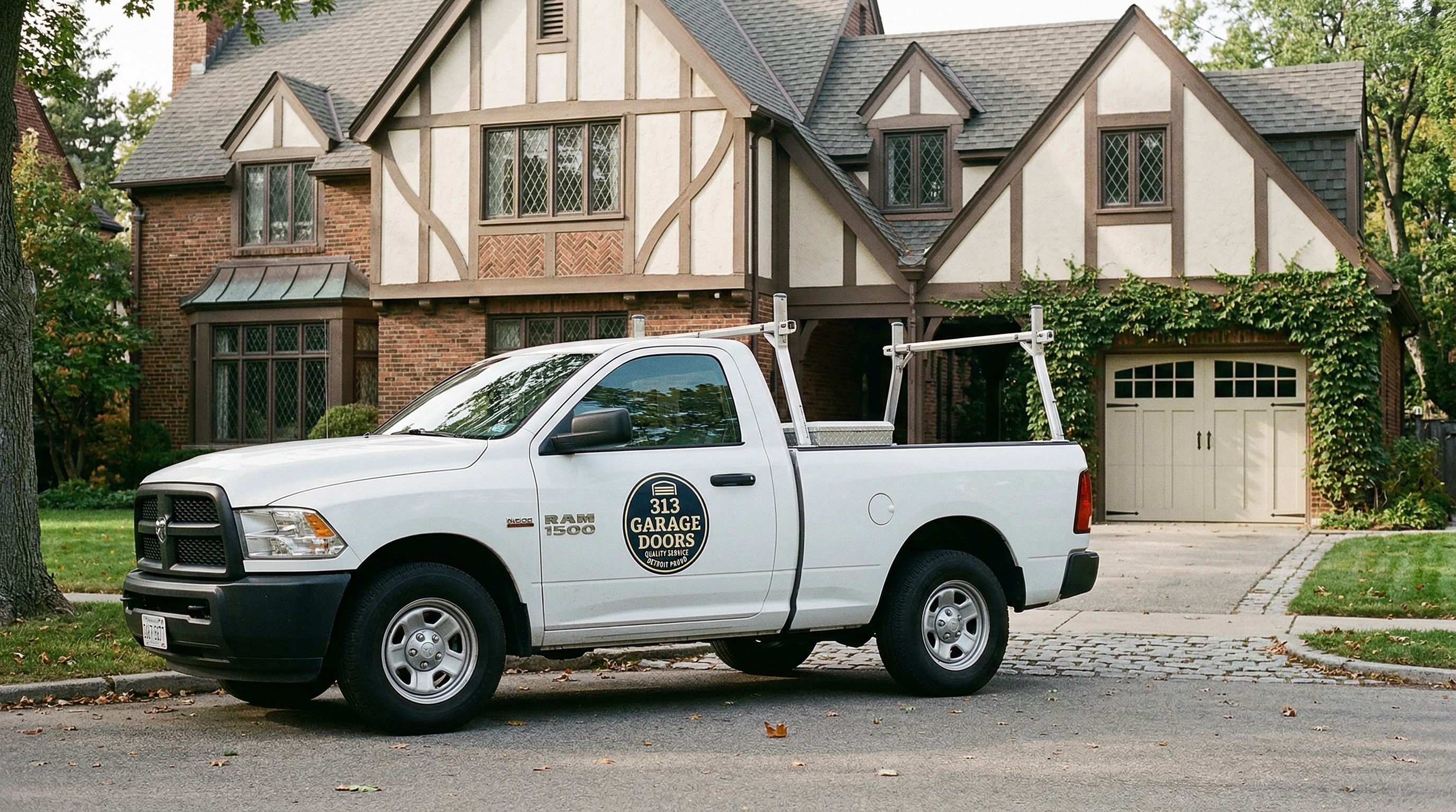 313 Garage Door service truck parked at a Tudor estate in Grosse Pointe, Michigan