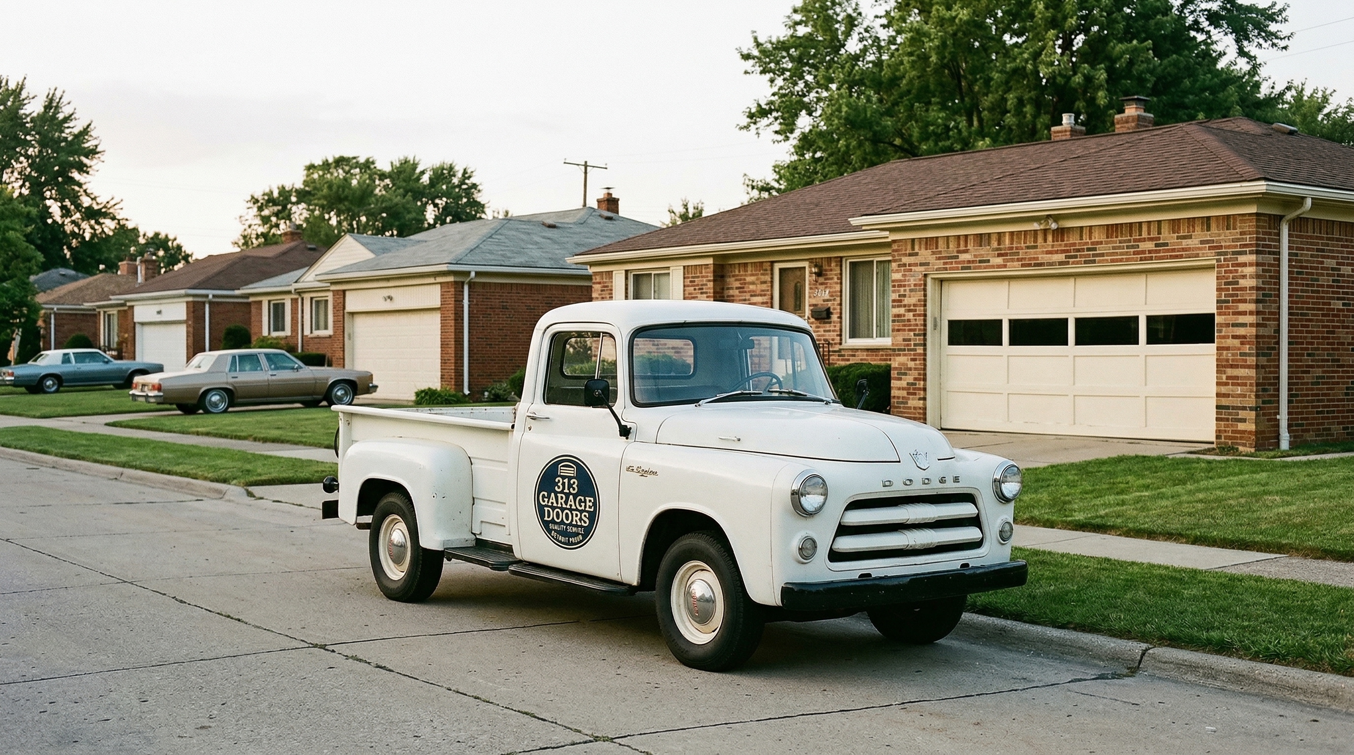 313 Garage Door service truck parked at a 1950s brick ranch in Oak Park, Michigan