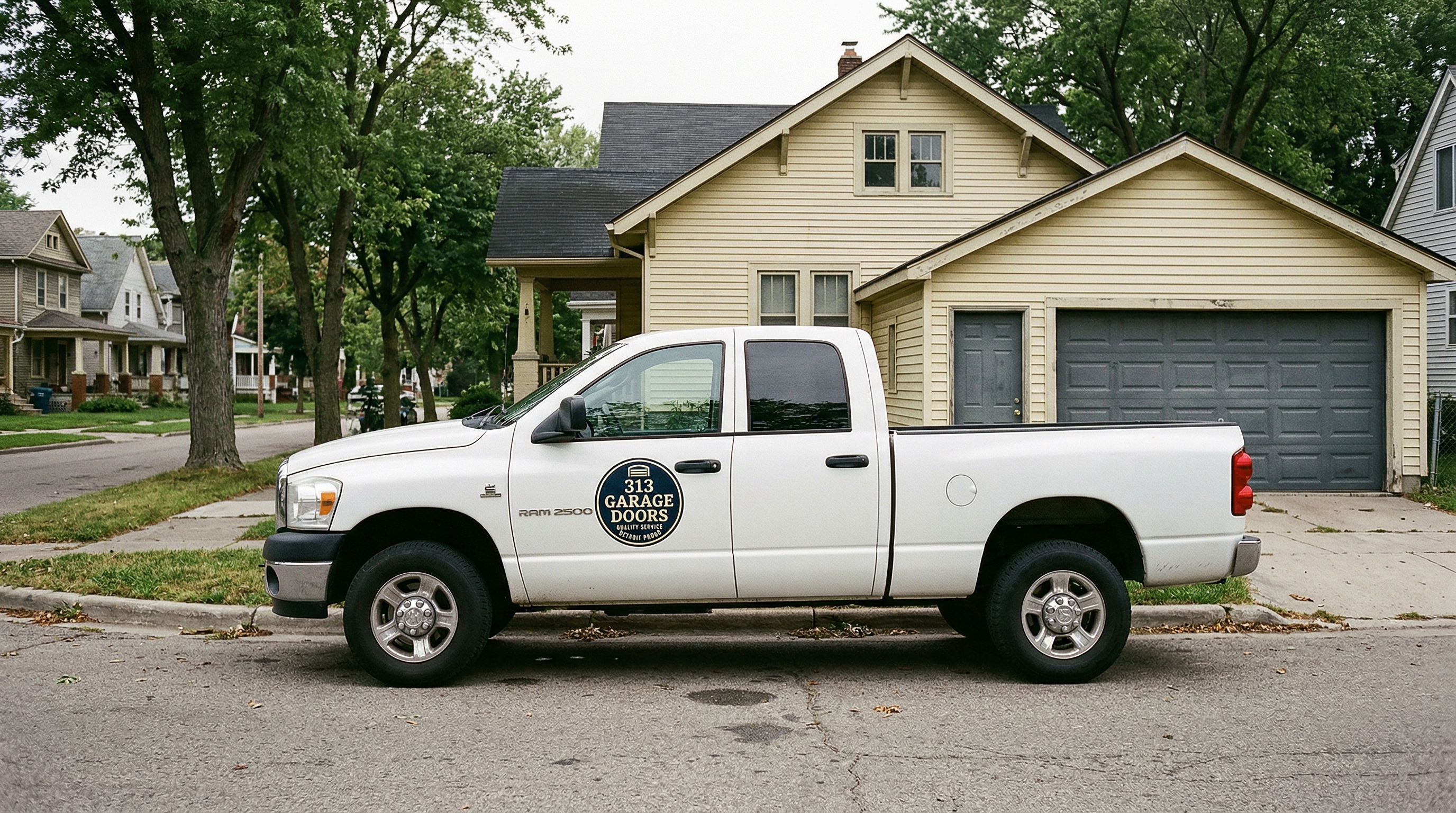 313 Garage Door service truck parked at a Victorian home in Pontiac, Michigan