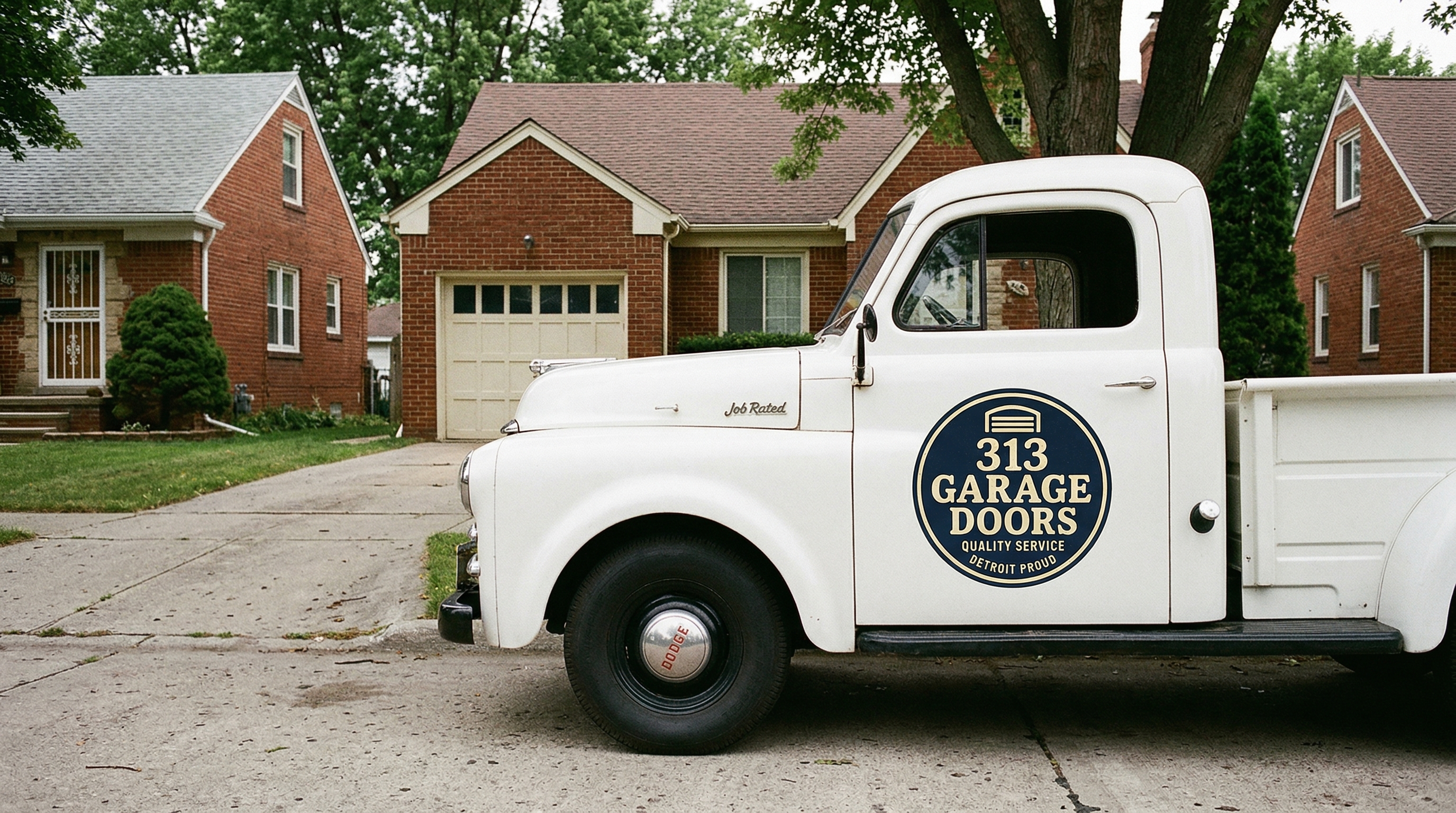 313 Garage Door service truck parked at a 1940s brick bungalow in Redford, Michigan