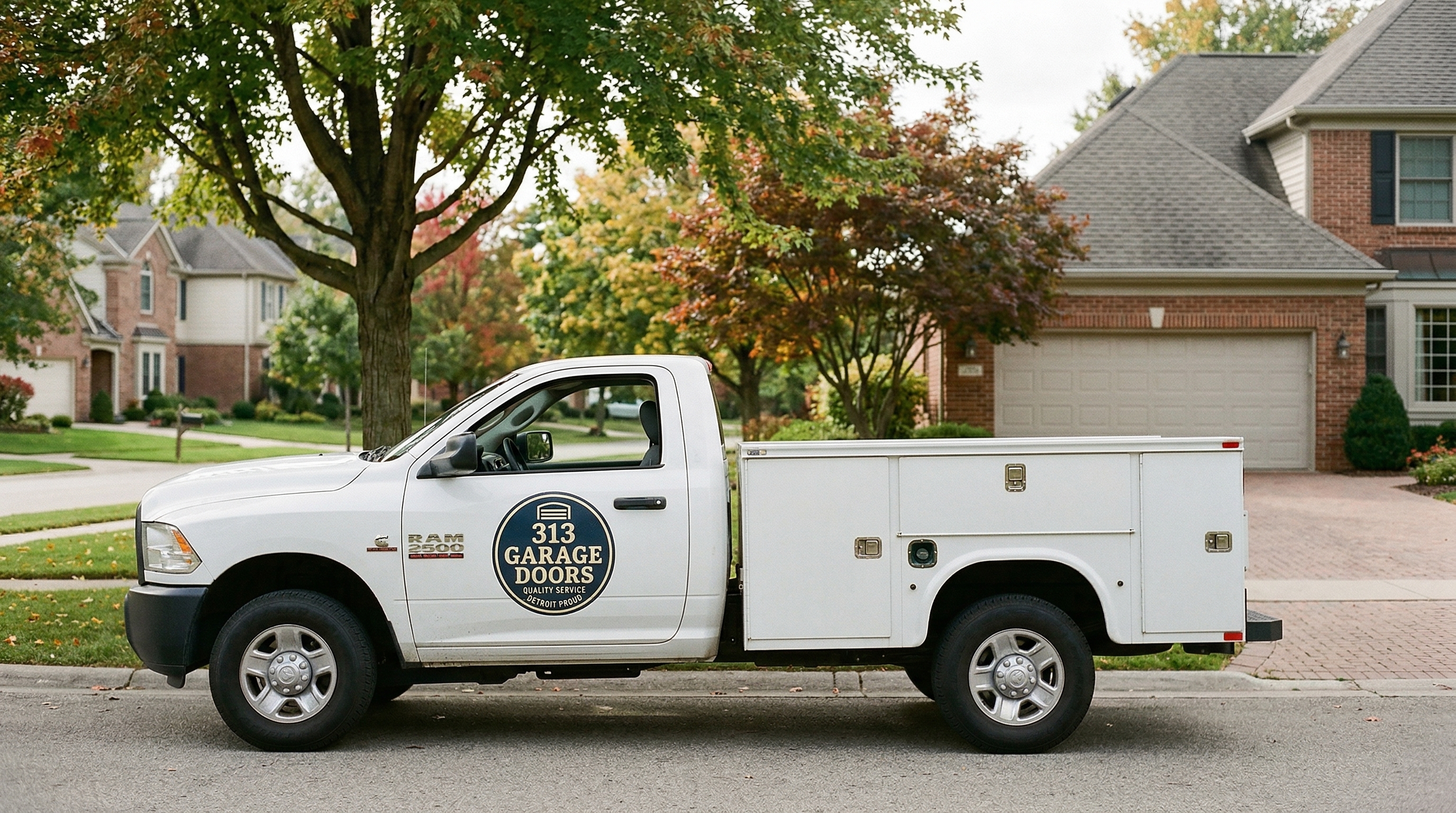 313 Garage Door service truck parked at an upscale colonial home in Rochester Hills, Michigan