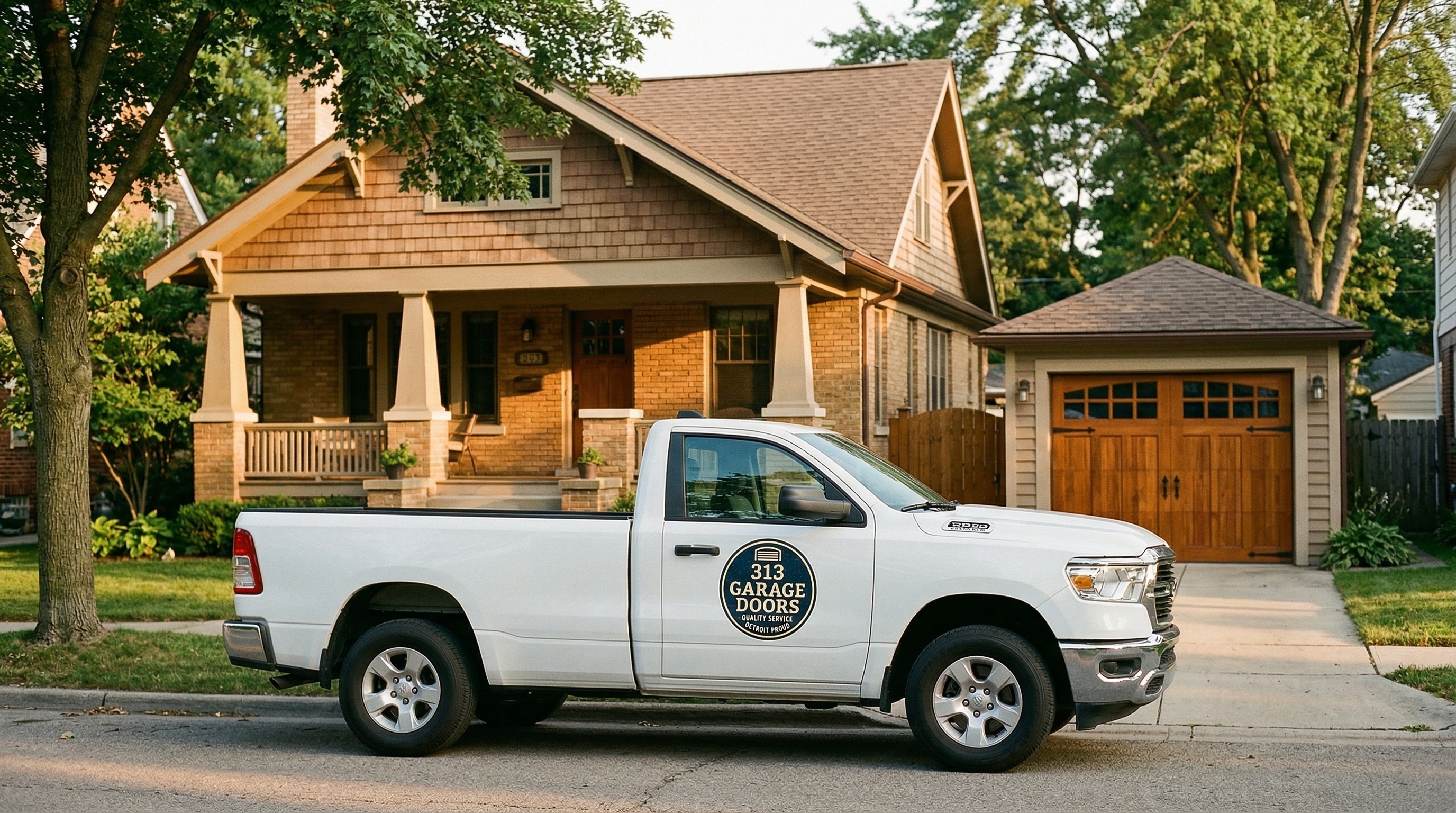 313 Garage Door service truck at a craftsman bungalow in Royal Oak, Michigan