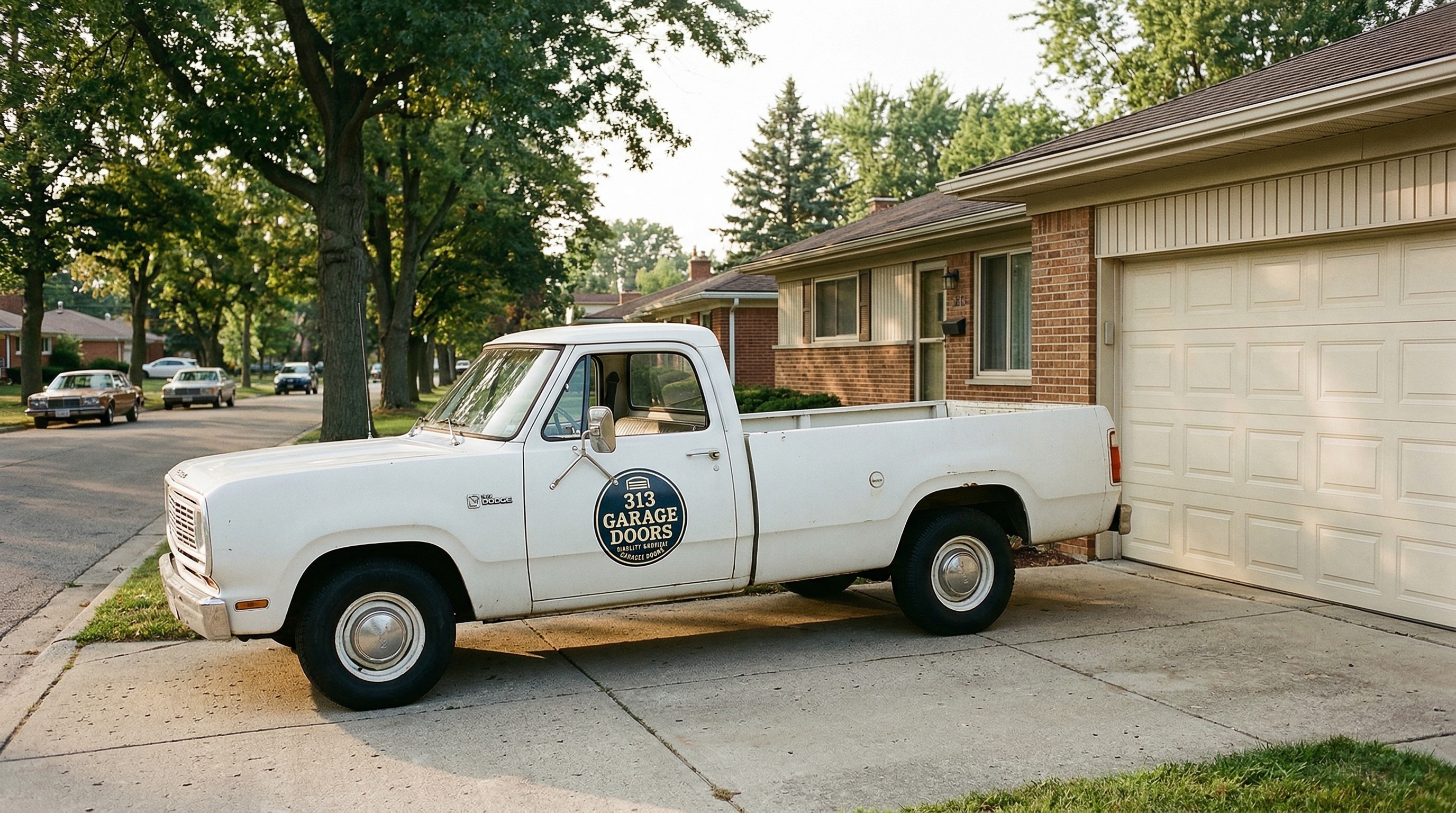 313 Garage Door service truck parked at a ranch home in Southfield, Michigan