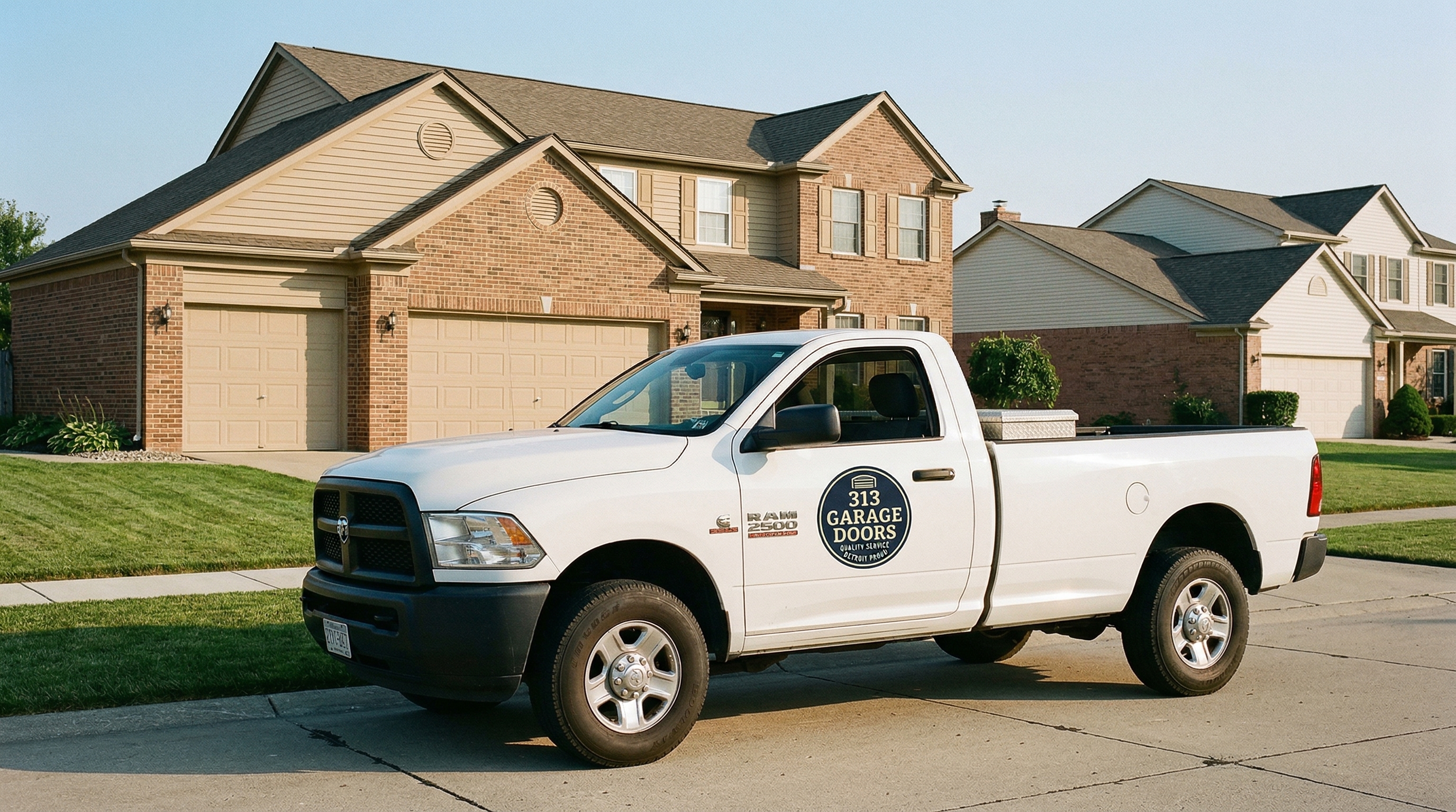313 Garage Door service truck at a colonial home in Sterling Heights, Michigan