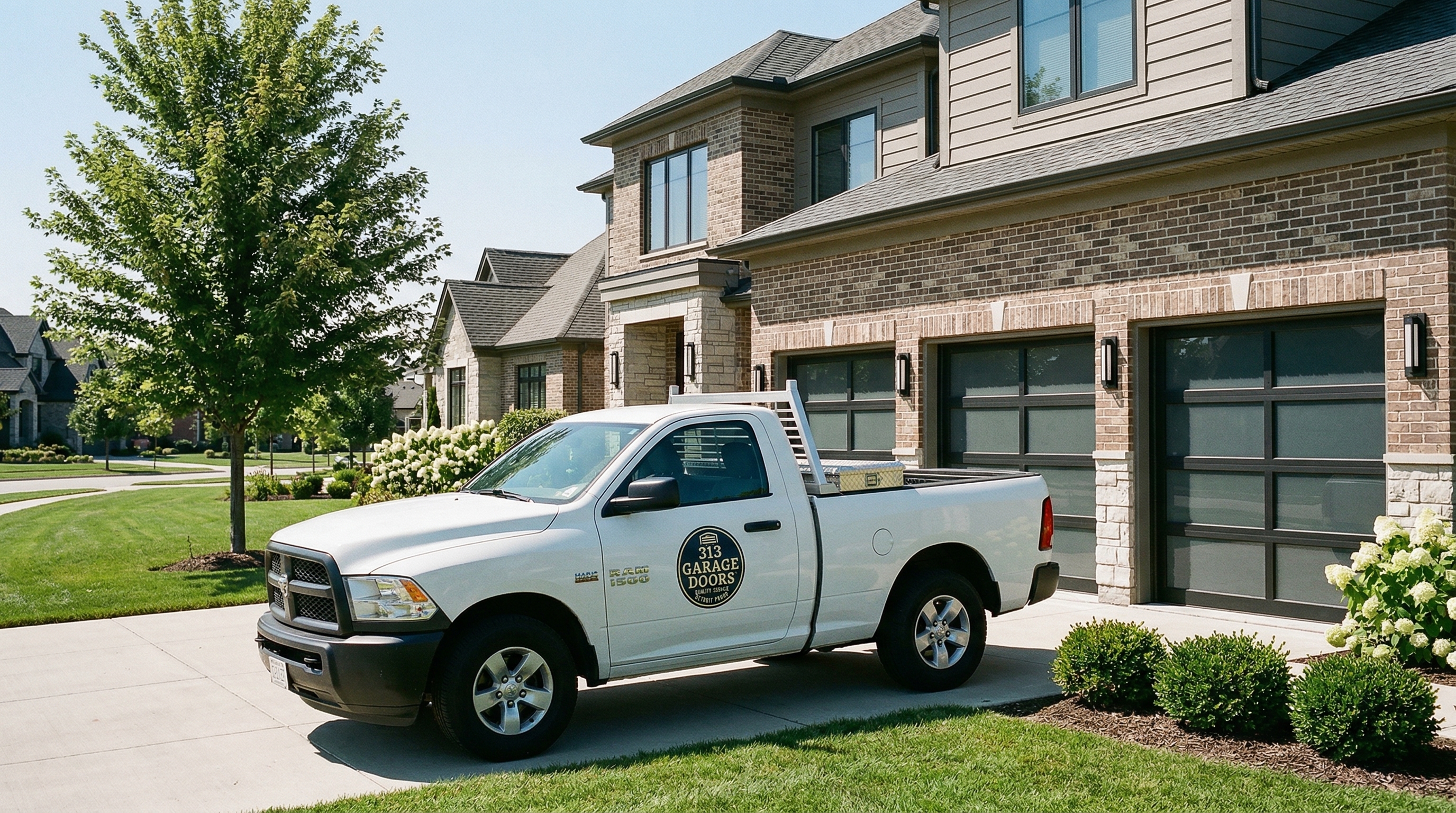 313 Garage Door service truck at an upscale home in Troy, Michigan
