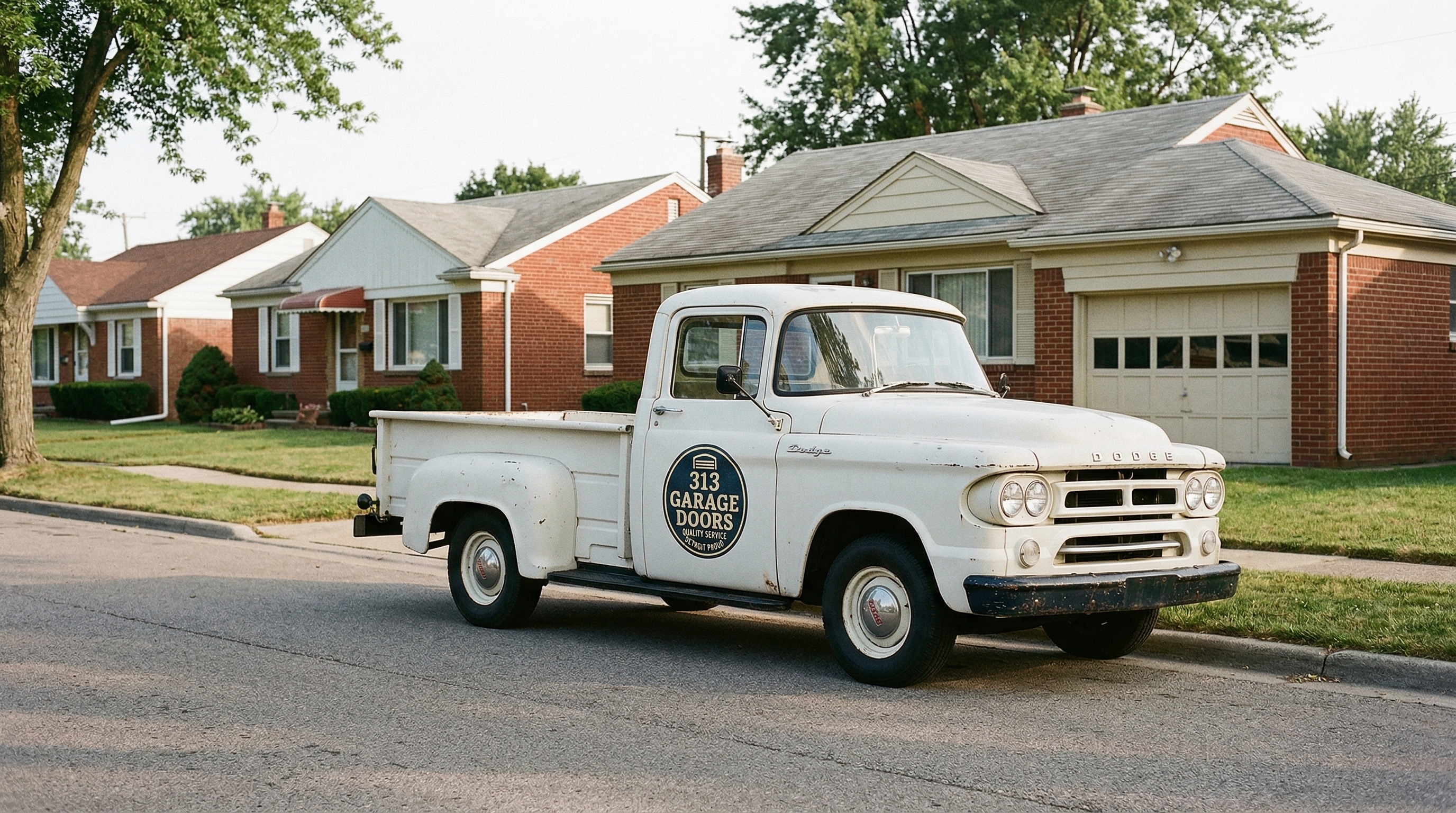 313 Garage Door service truck parked at a 1950s ranch home in Warren, Michigan