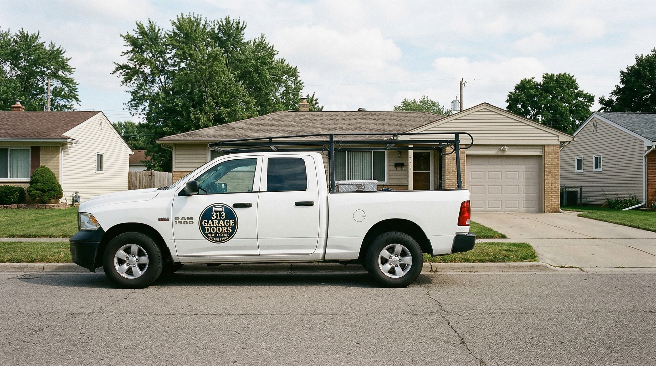 313 Garage Door service truck parked at a ranch home in Westland, Michigan