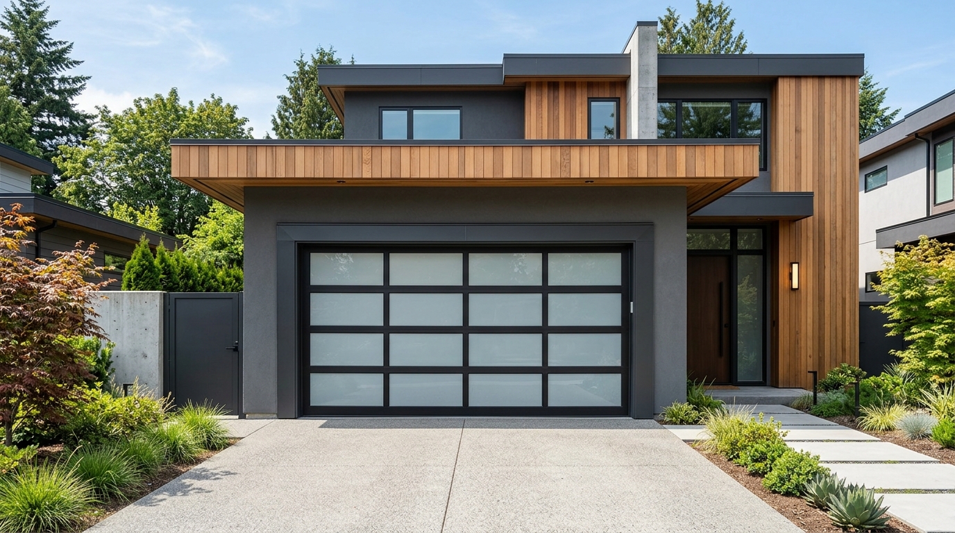 Contemporary aluminum and glass garage door on a modern home