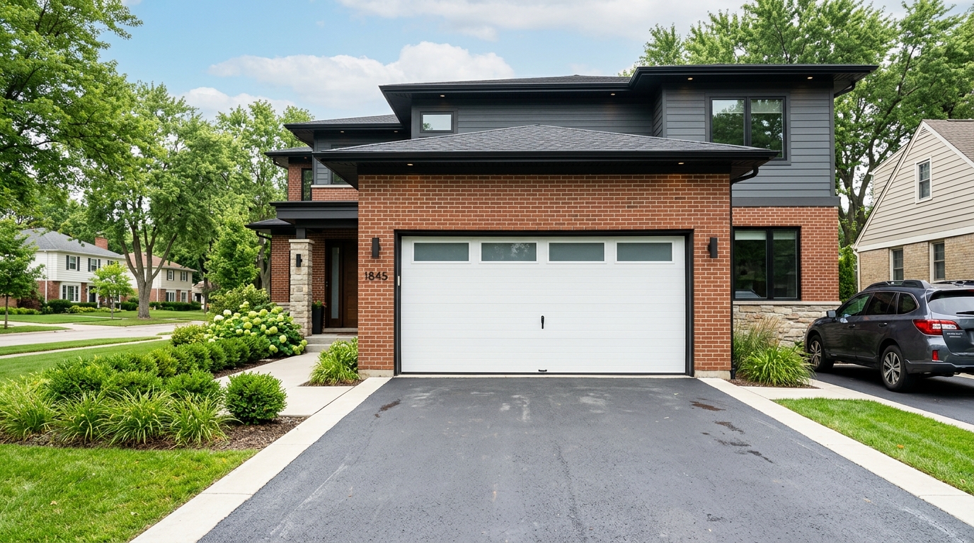 Modern steel garage door on a residential home
