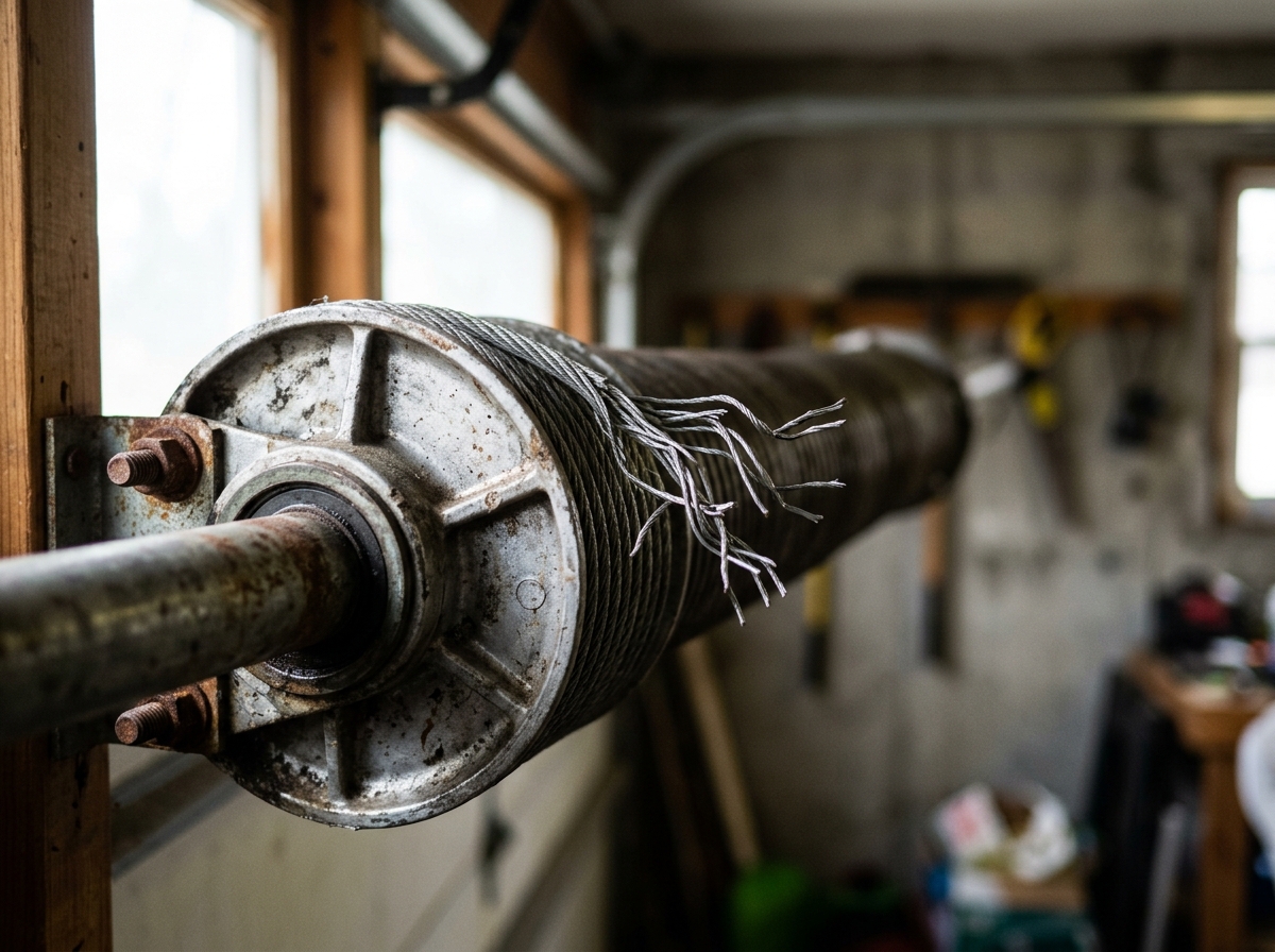 Frayed garage door cable on a drum