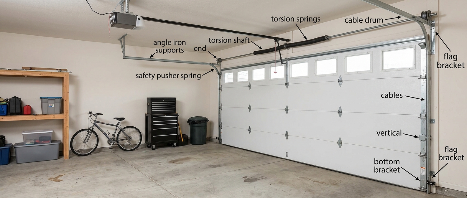 Inside of a residential garage showing cable and track system