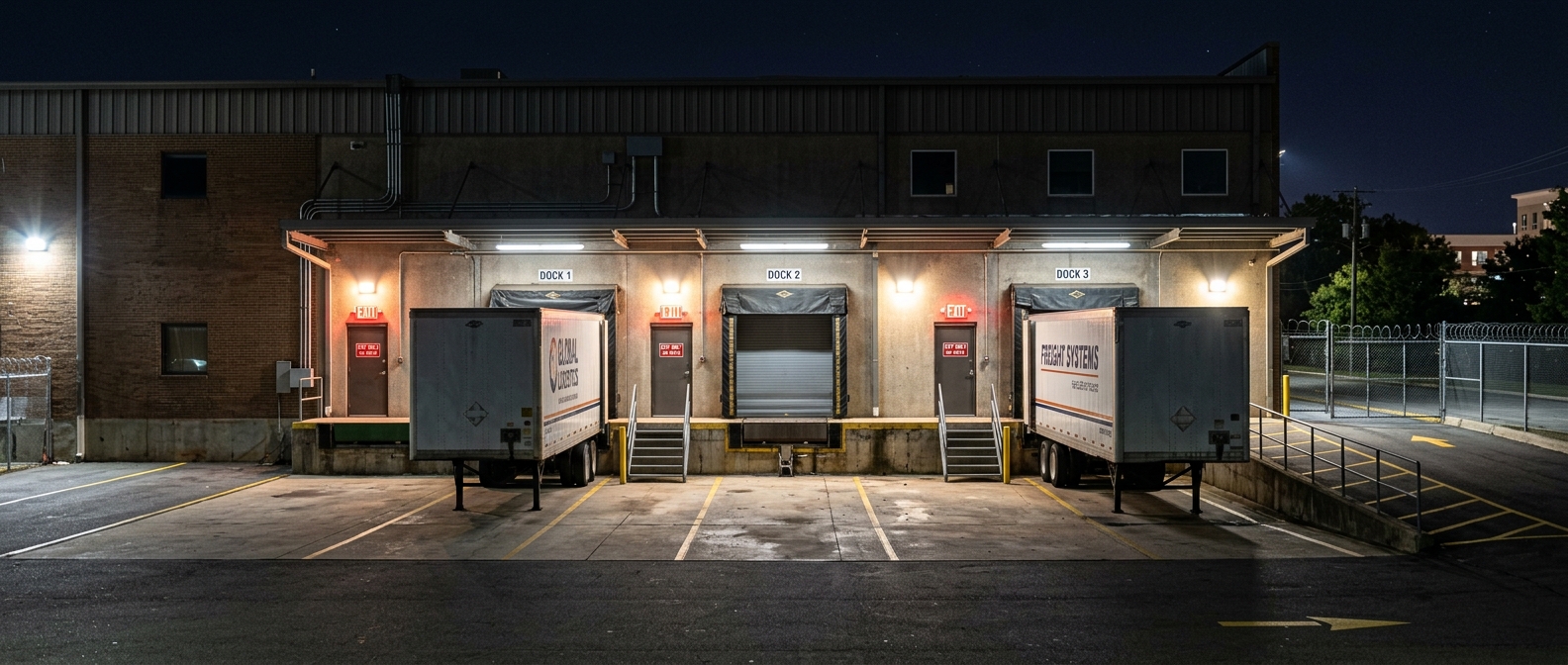 313 Garage Door commercial service truck at Detroit warehouse facility at night