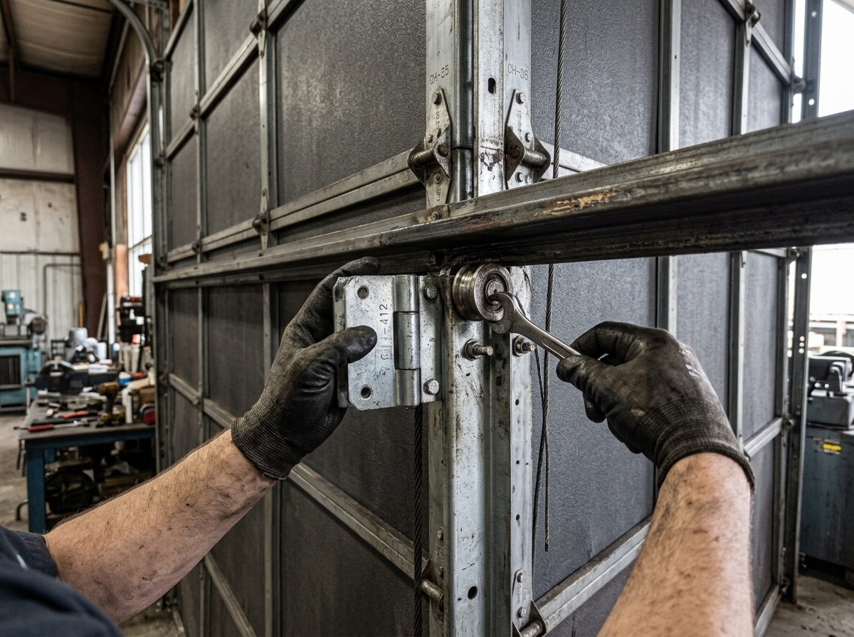Commercial garage door PM inspection in progress at a Detroit warehouse