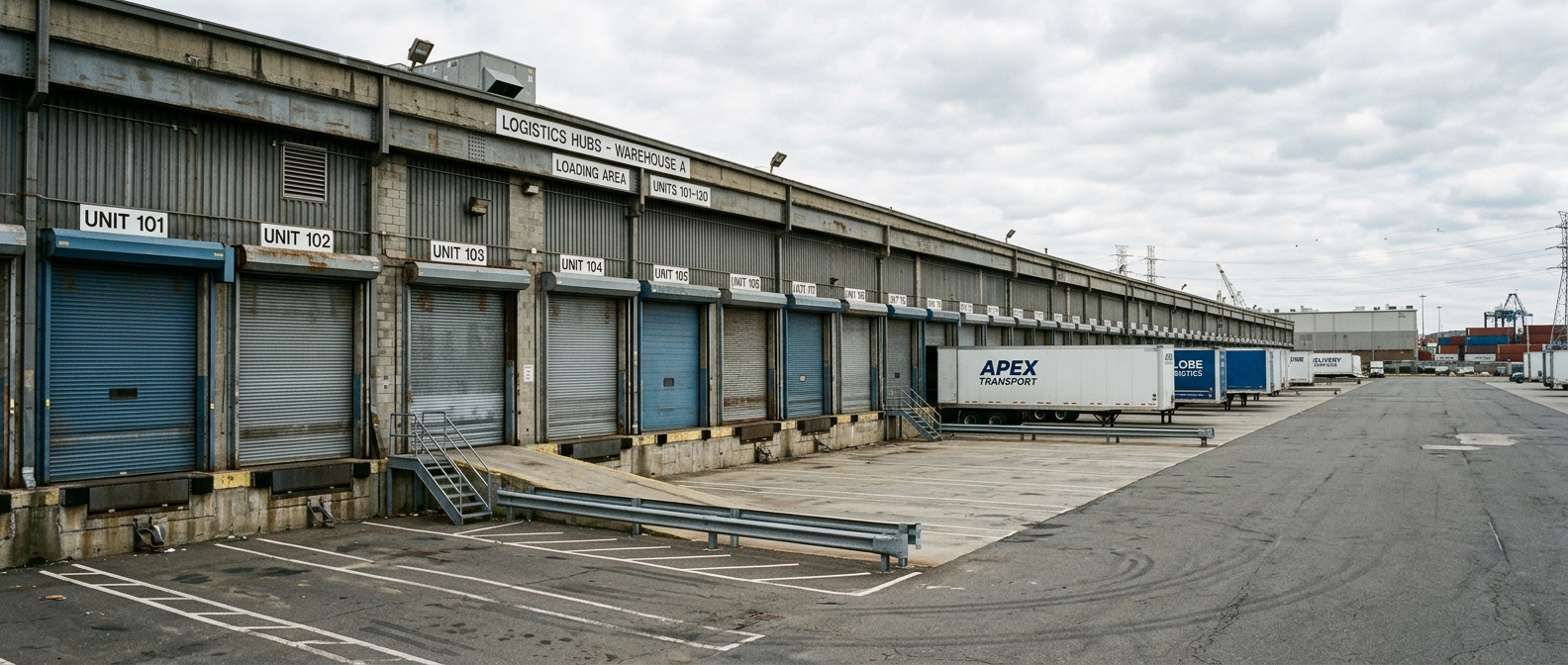 Multiple commercial roll-up doors on Detroit warehouse loading dock