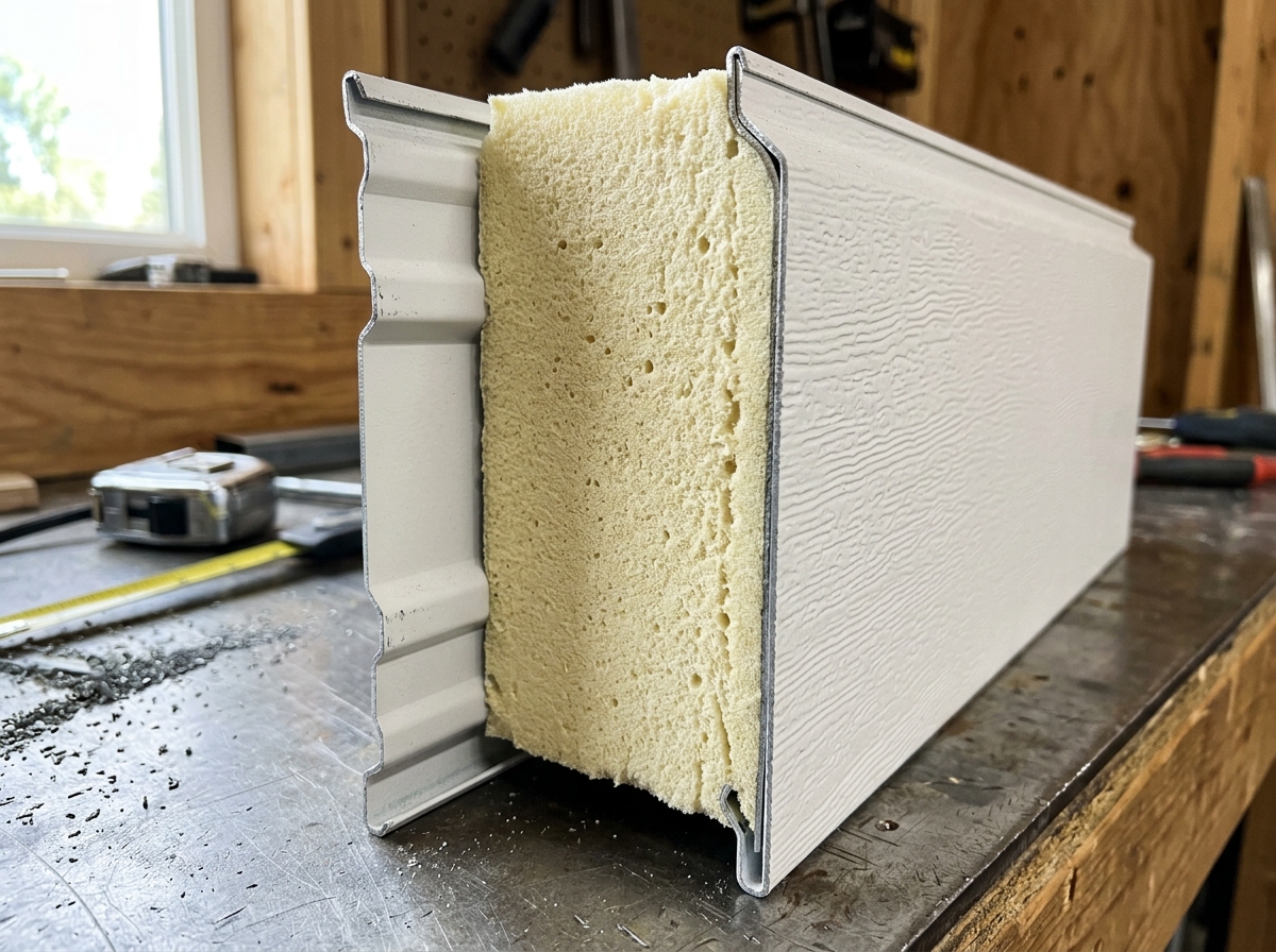 Garage door insulation cross-section showing thermal barrier layers
