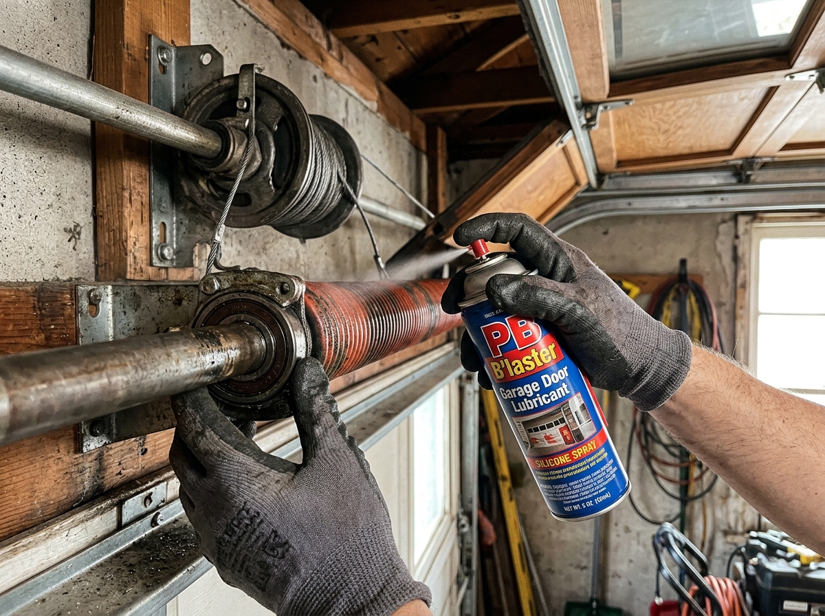 Technician lubricating garage door springs and bearings during annual tune-up in Detroit
